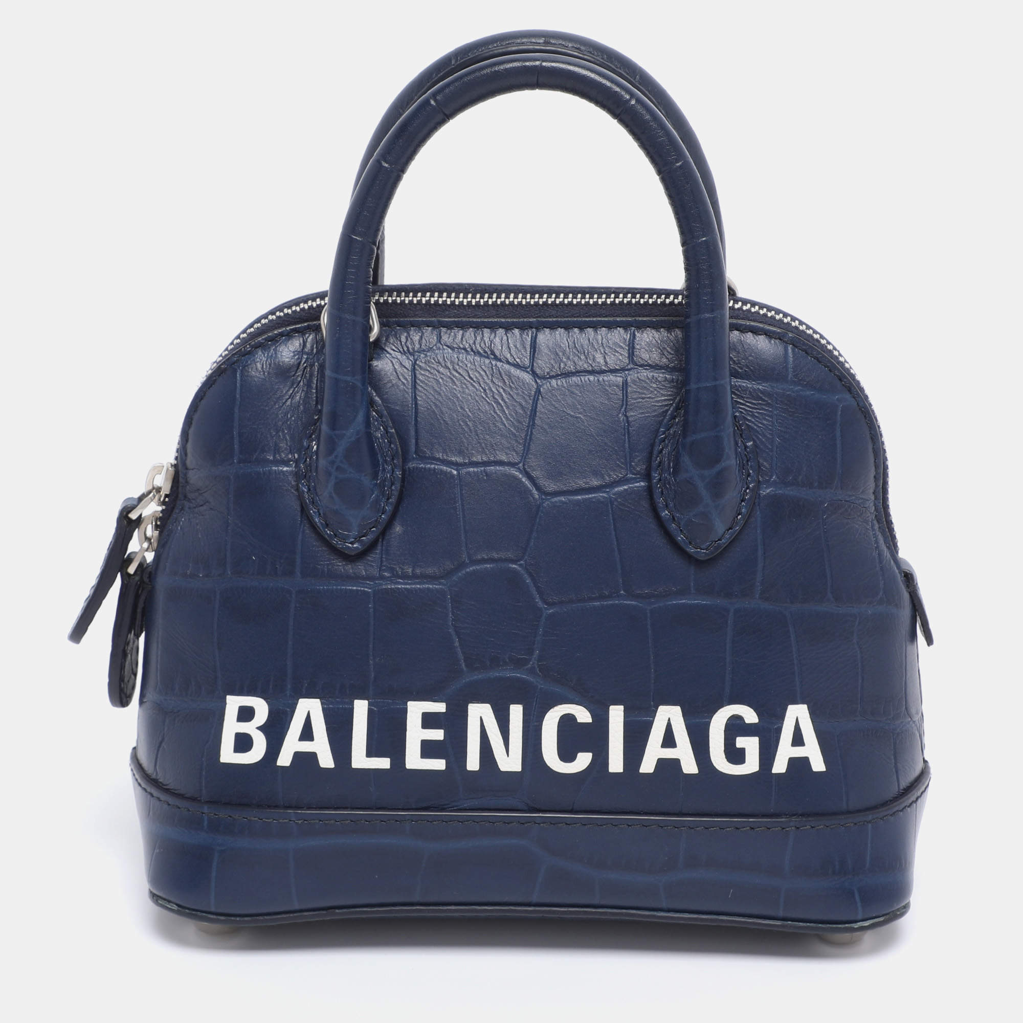 Pre Owned Balenciaga Blue Croc Embossed Leather XXS Ville Satchel