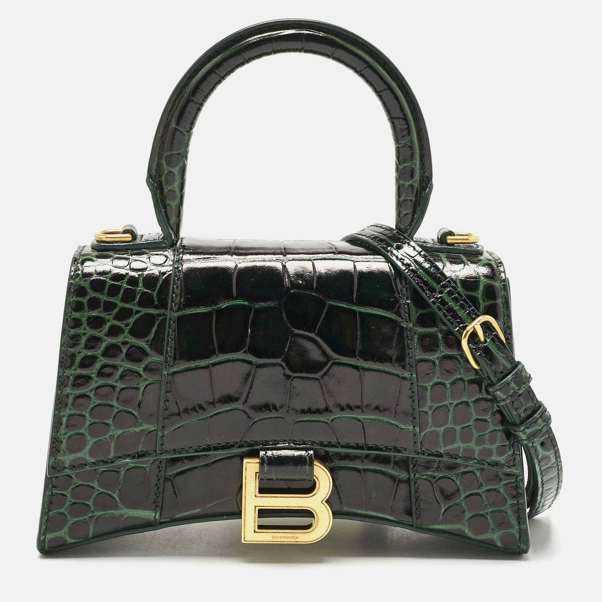 Pre Owned Balenciaga Green Croc Embossed Leather XS Hourglass Top Handle Bag