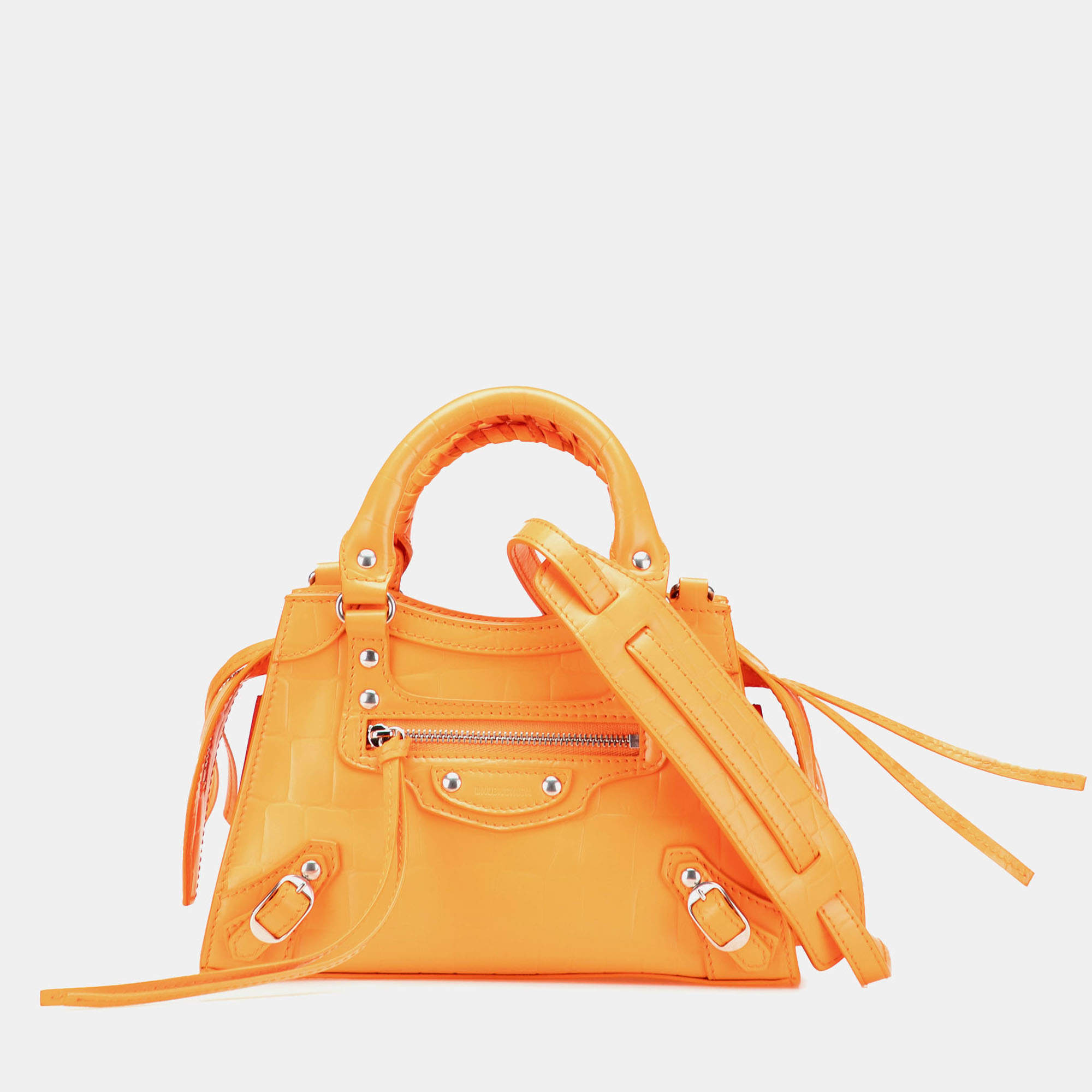 Pre Owned Balenciaga Orange Mini Croc Embossed Calfskin Neo Classic City