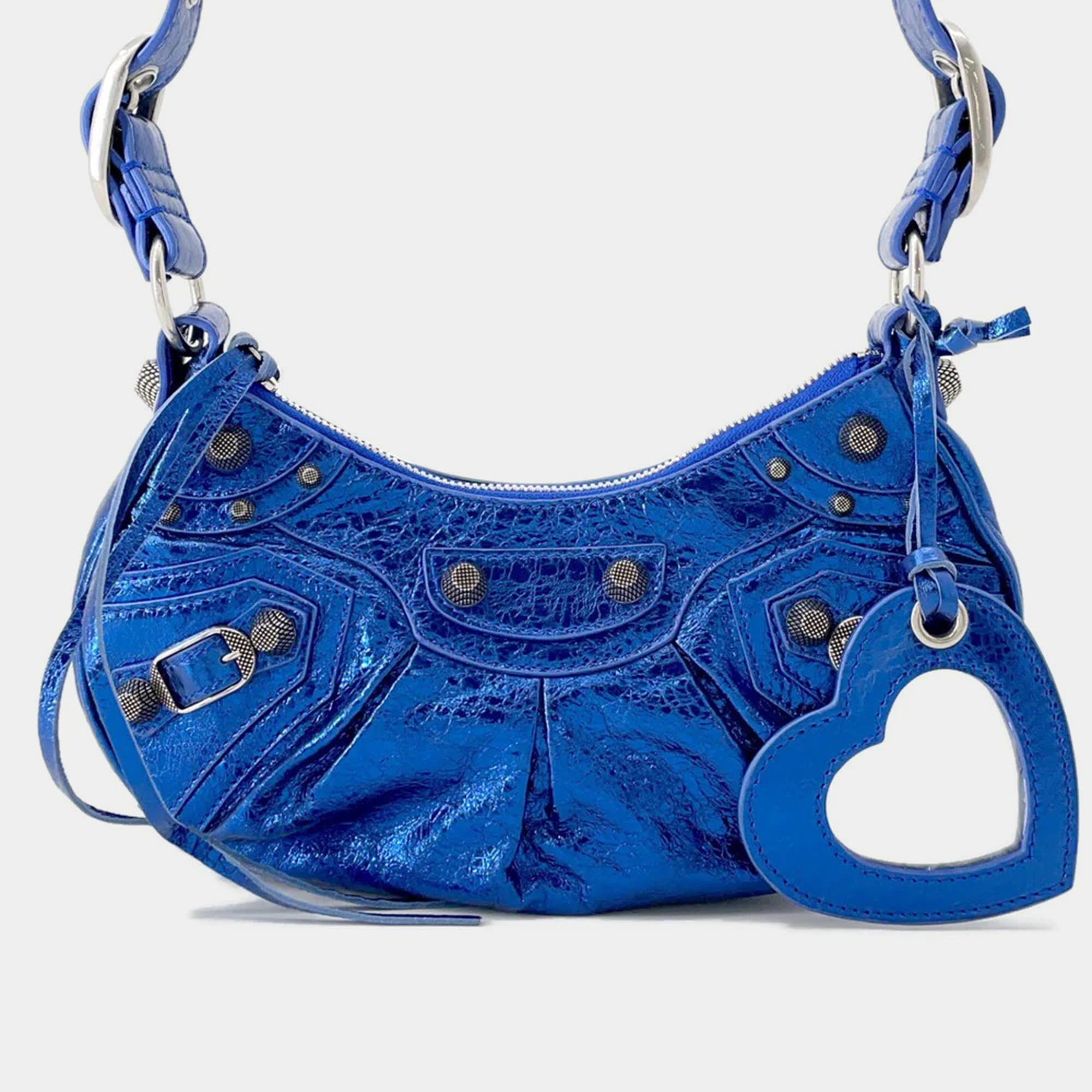 Pre Owned Balenciaga Luca Goal Xs Metallic Blue Leather Shoulder Bag