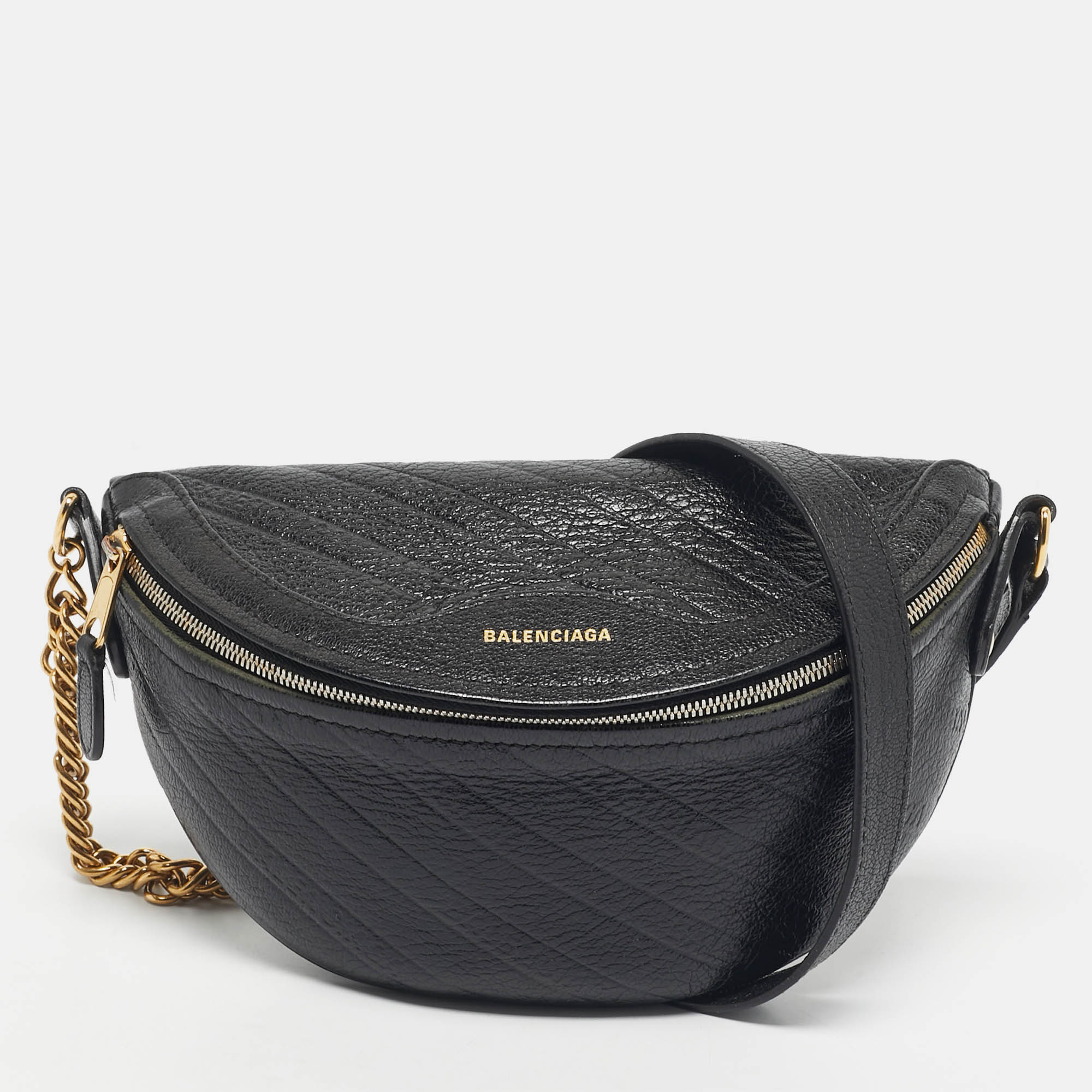Pre Owned Balenciaga Black Diagonal Quilt Leather Souvenir Belt Bag