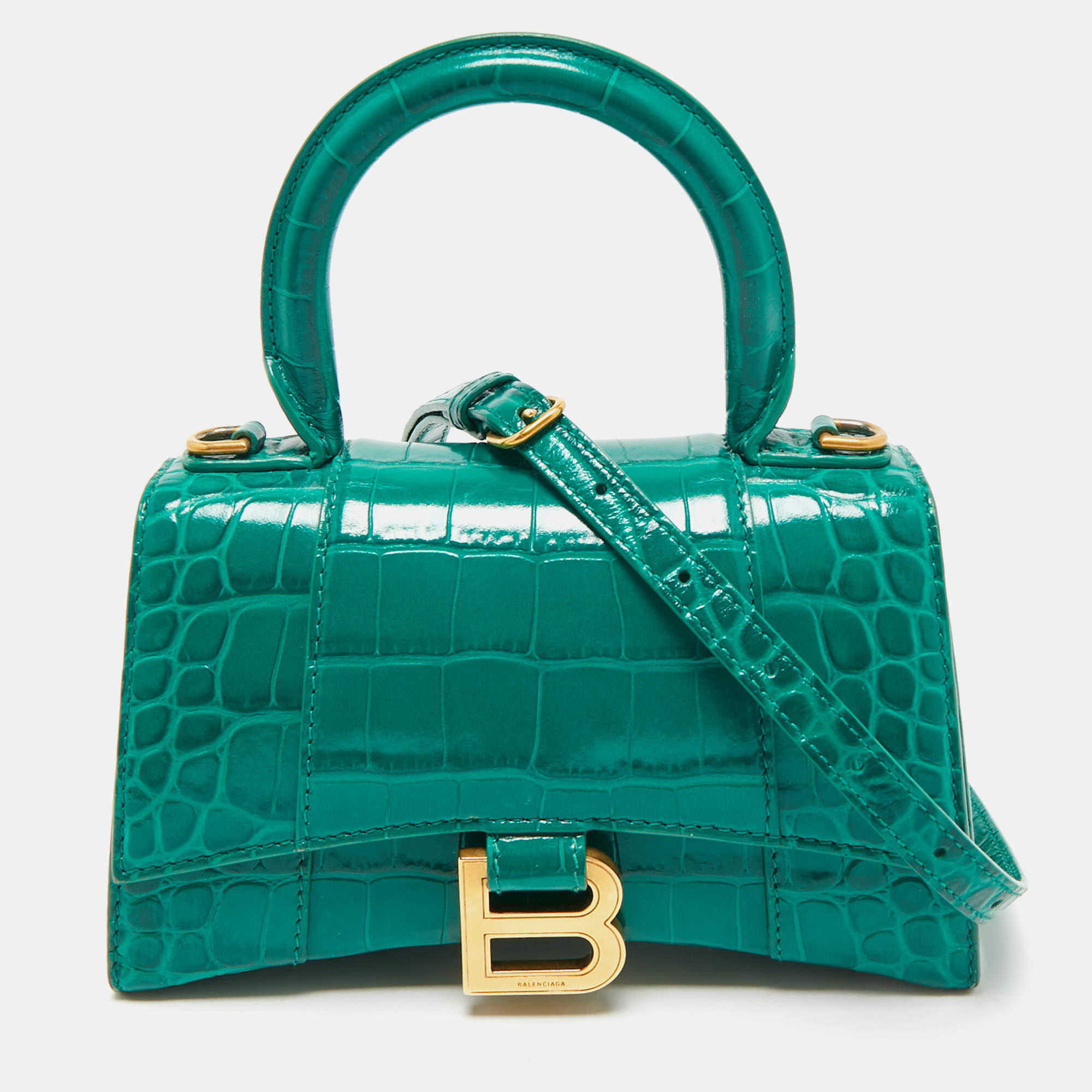 Pre Owned Balenciaga Green Croc Embossed Leather XS Hourglass Top Handle Bag