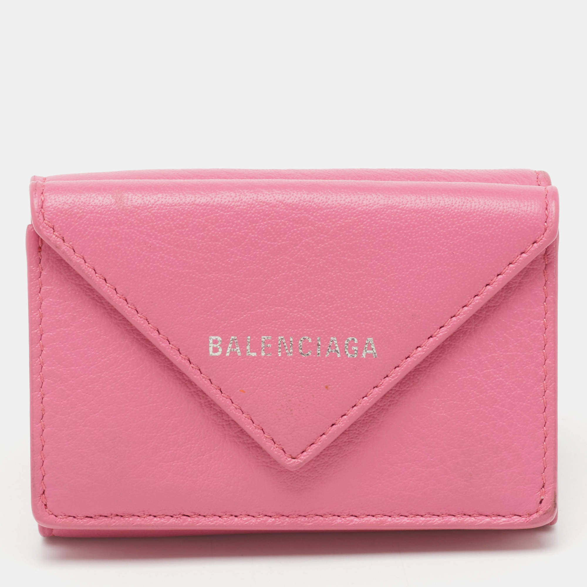 Pre Owned Balenciaga Pink Leather Mini Papier Flap Wallet