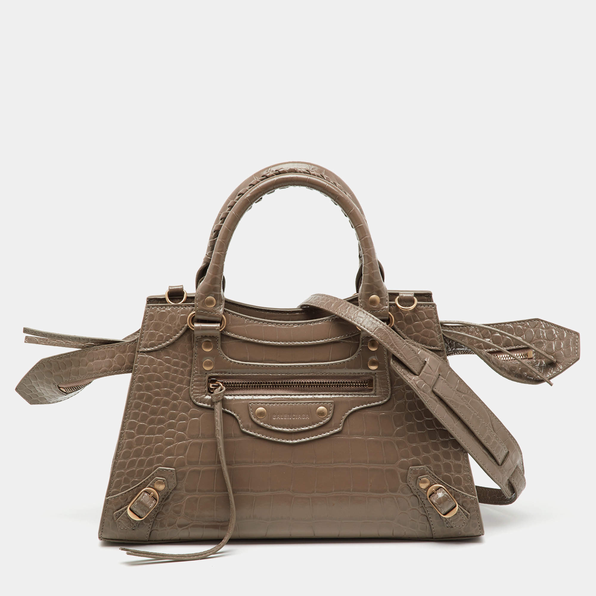 Pre Owned Balenciaga Beige Croc Embossed Leather Small Neo Classic City Bag