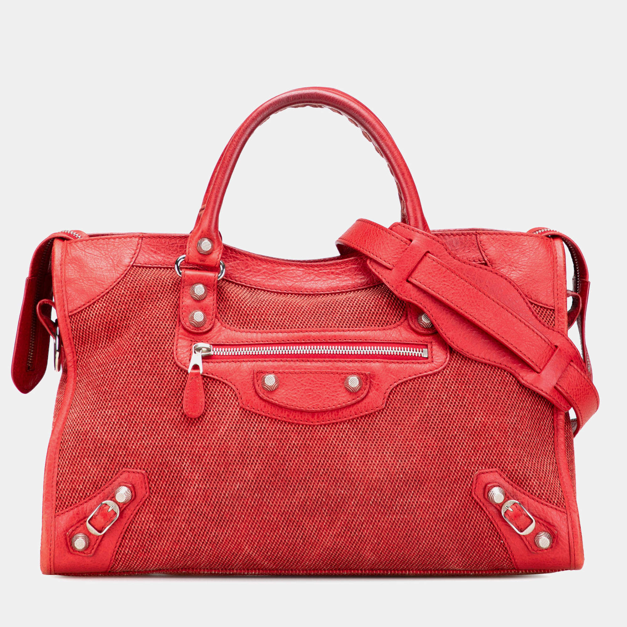 Pre Owned Balenciaga Red Lambskin Trimmed Canvas Motocross City Giant 12 Satchel