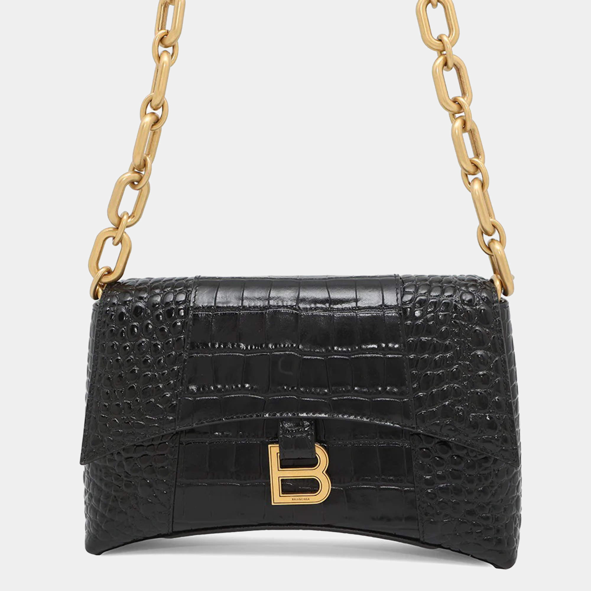 Pre Owned Balenciaga Downtown XS Black Croco Embossed Leather Chain Shoulder Bag