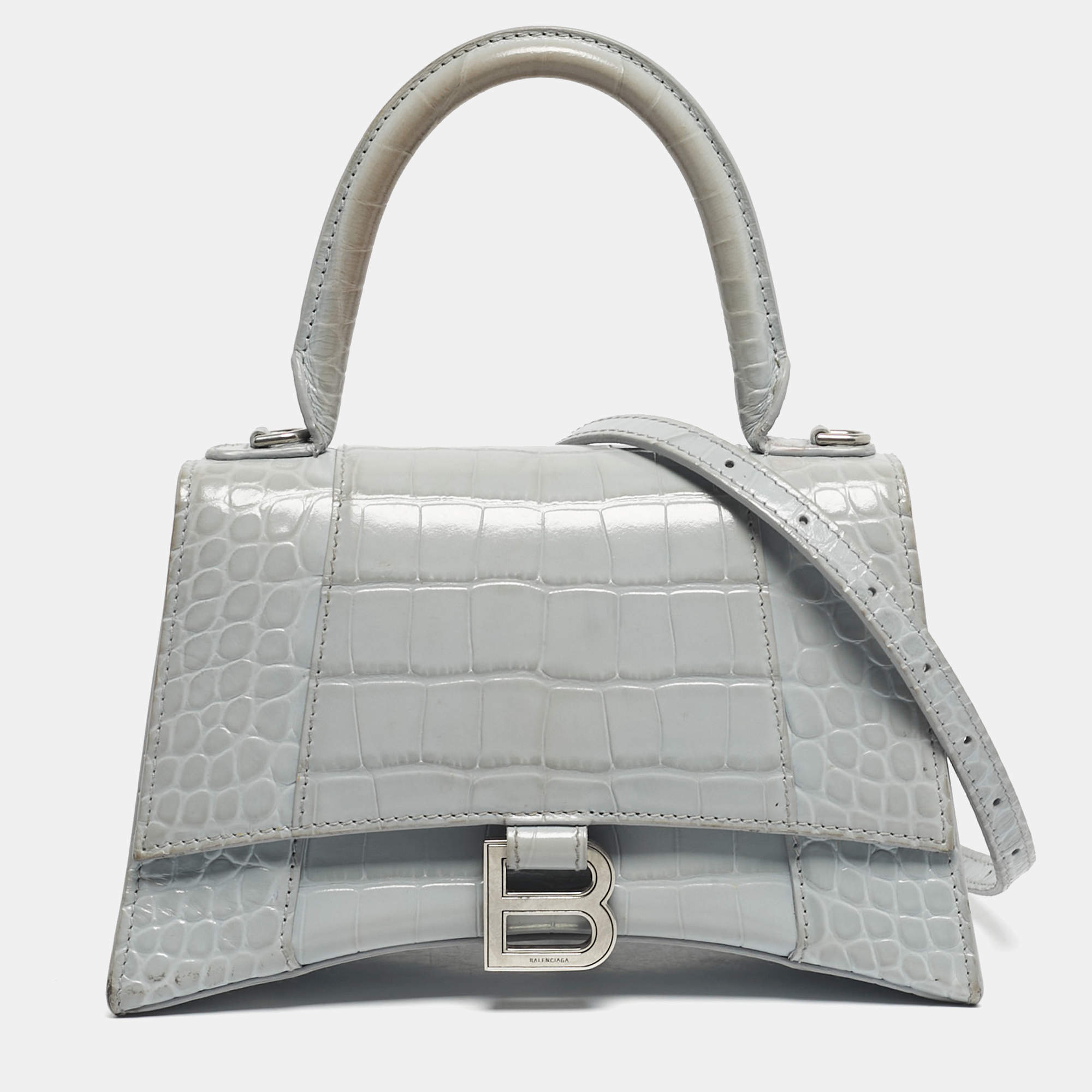 Pre Owned Balenciaga Light Blue Croc Embossed Leather Small Hourglass Top Handle Bag