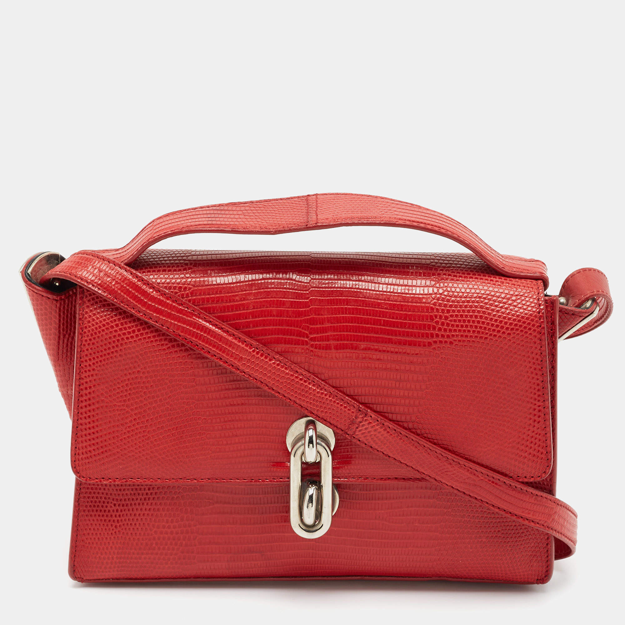 Pre Owned Balenciaga Red Lizard Embossed Leather Mini Trapeze Maillon Top Handle Bag