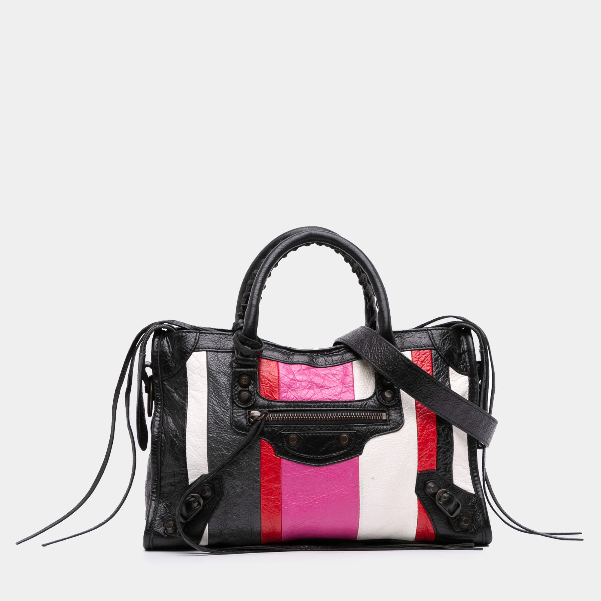 Pre Owned Balenciaga Black Multicolor Small Lambskin Motocross Striped Classic City Satchel