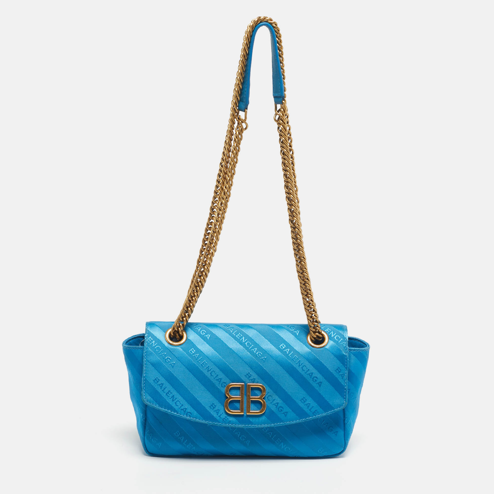 Pre Owned Balenciaga Blue Logo Jacquard Nylon BB Chain Round Shoulder Bag