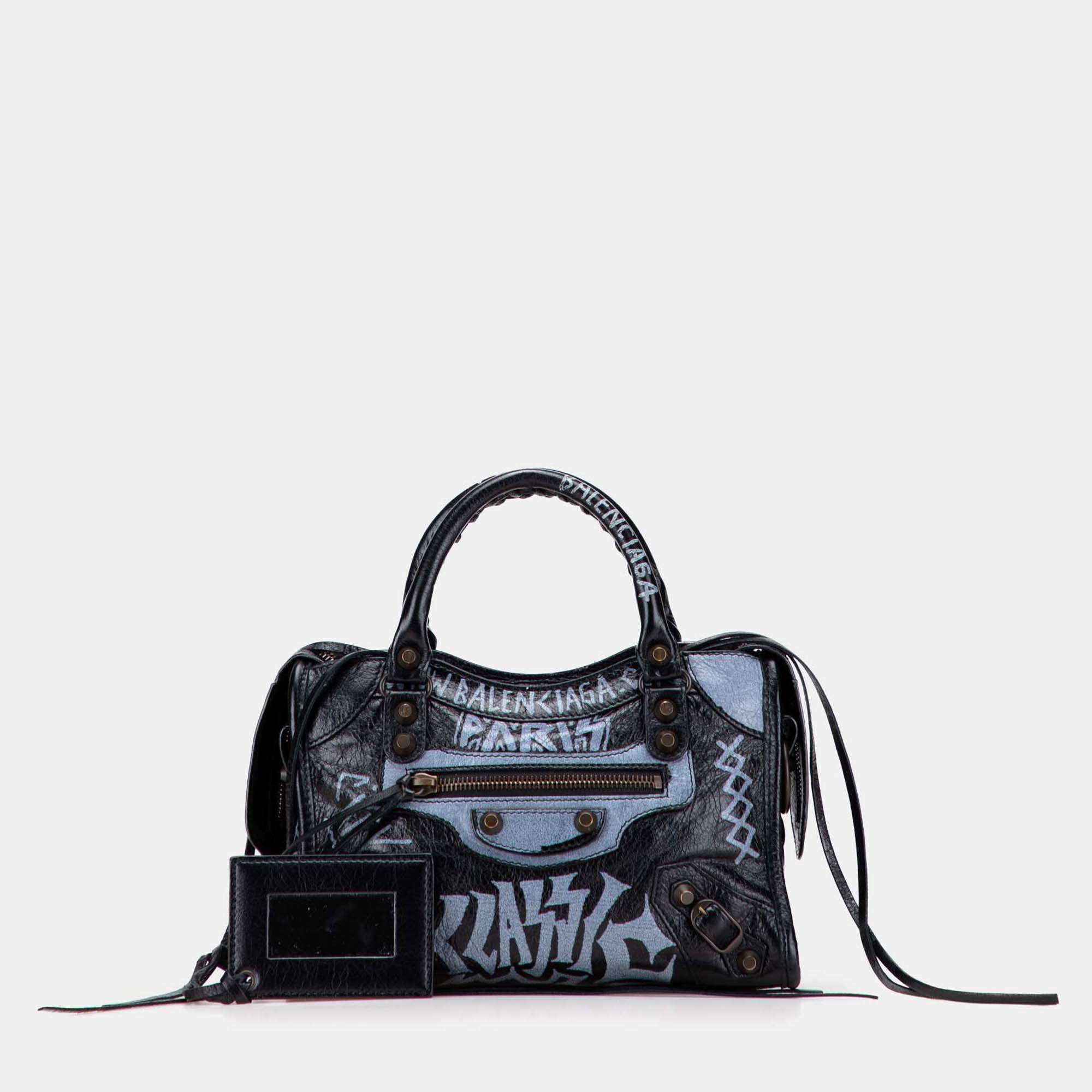 Pre Owned Balenciaga Black Blue Mini Lambskin Motocross Graffiti Classic City Satchel