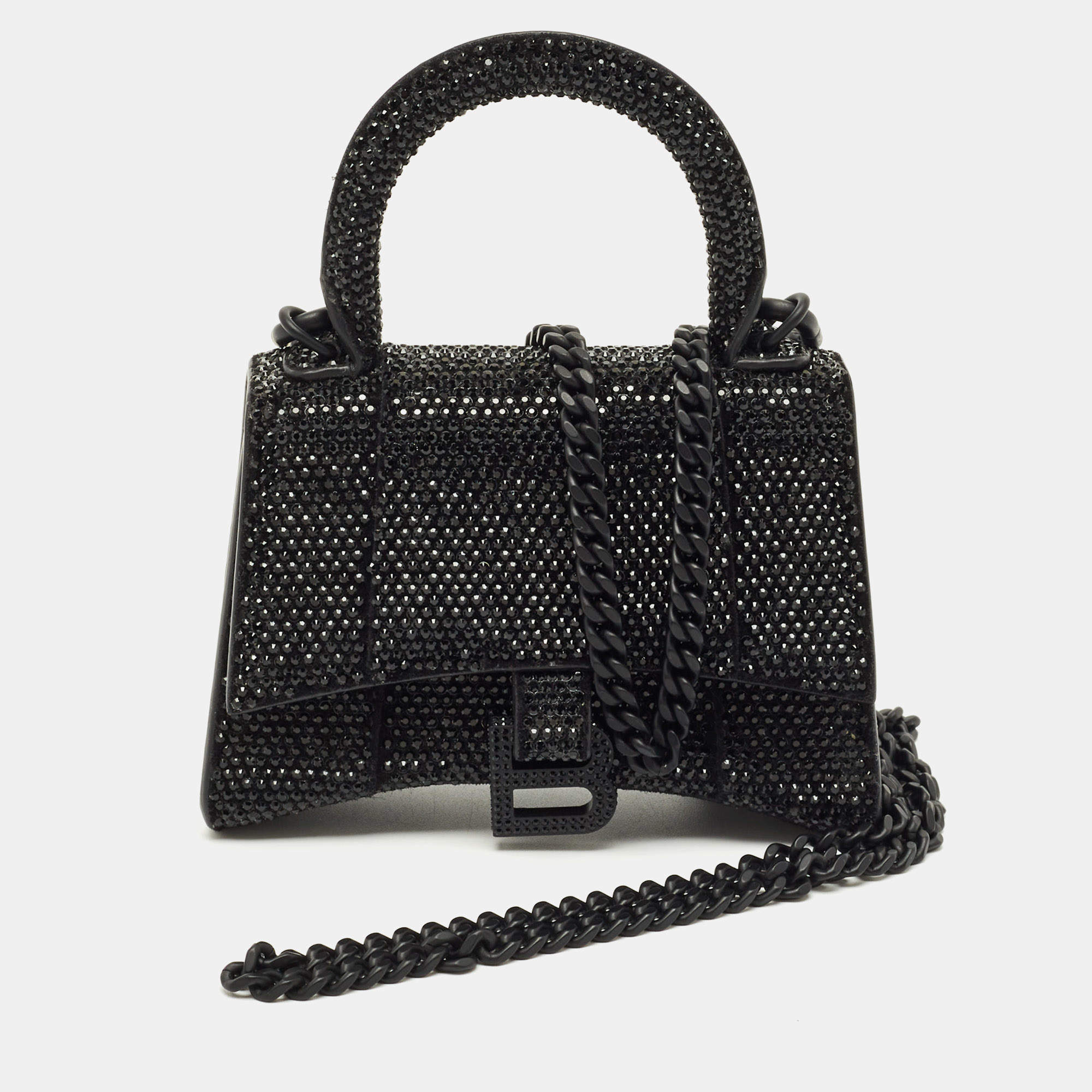 Pre Owned Balenciaga Black Suede Crystal Embellished Nano Hourglass Top Handle Bag