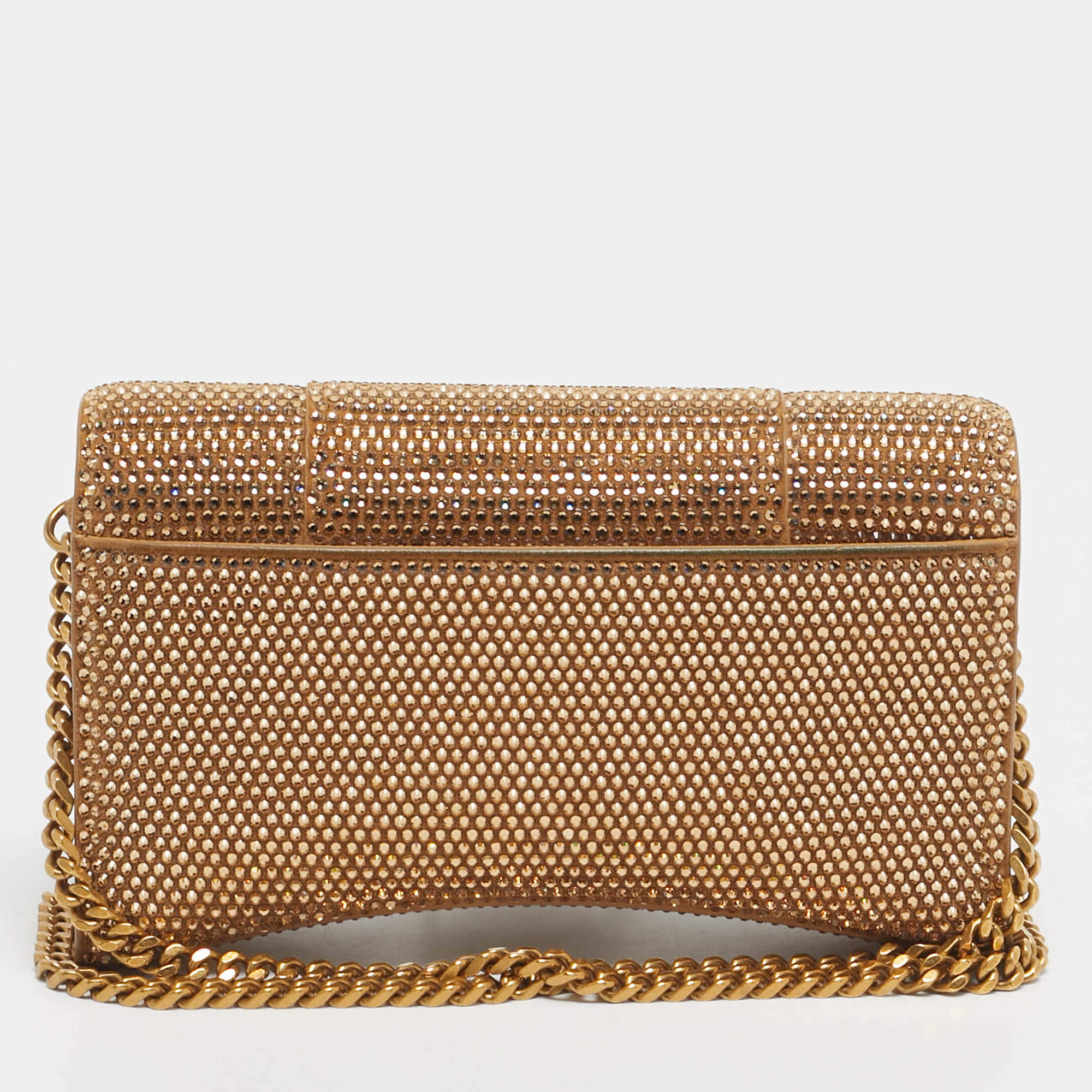 Pre Owned Balenciaga Gold Suede Crystal Embellished Hourglass Wallet on Chain