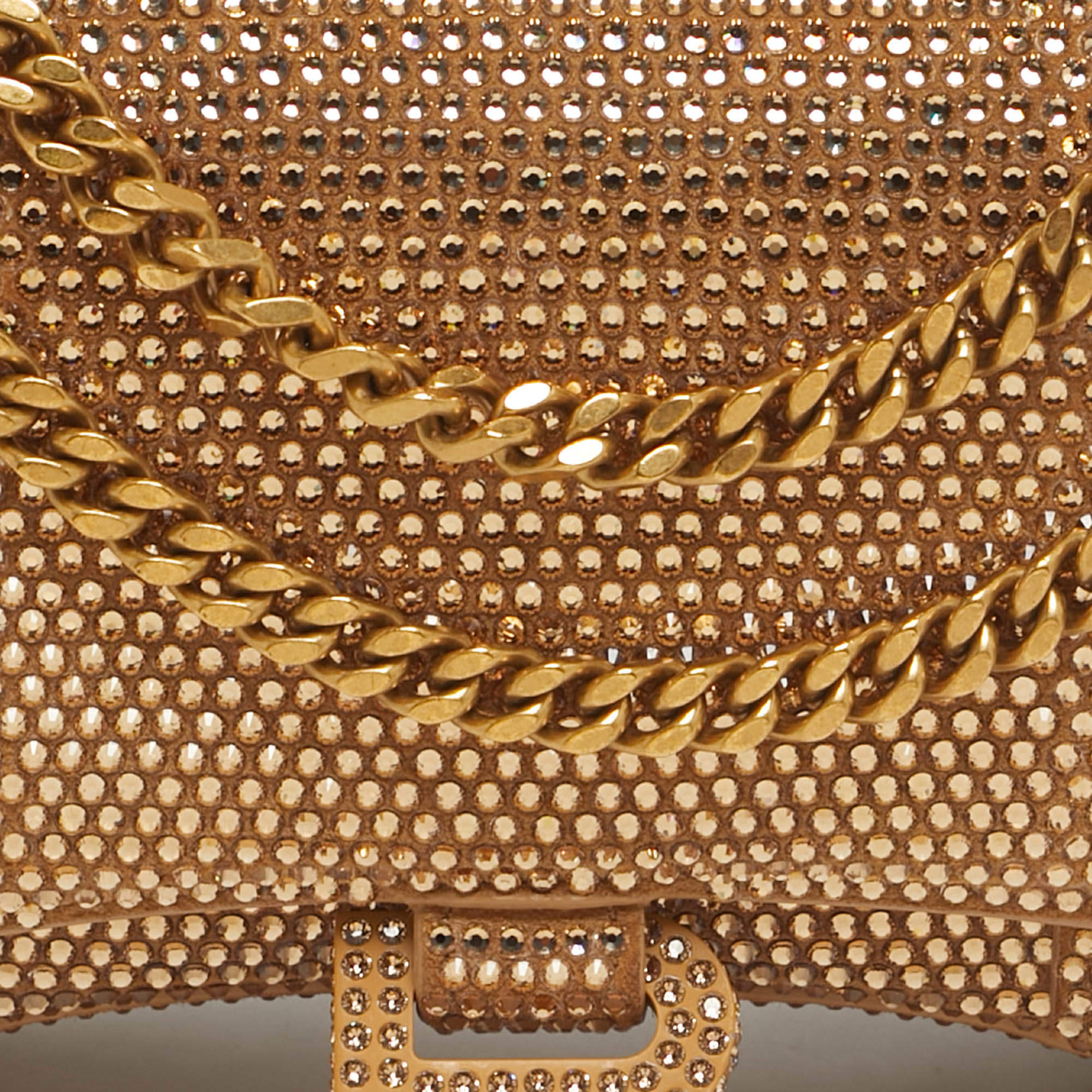 Pre Owned Balenciaga Gold Suede Crystal Embellished Hourglass Wallet on Chain