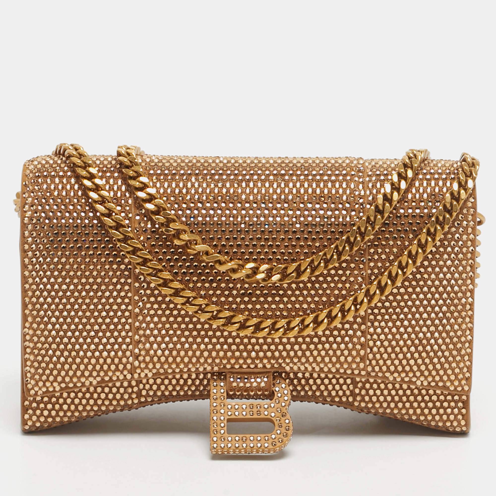 Pre Owned Balenciaga Gold Suede Crystal Embellished Hourglass Wallet on Chain