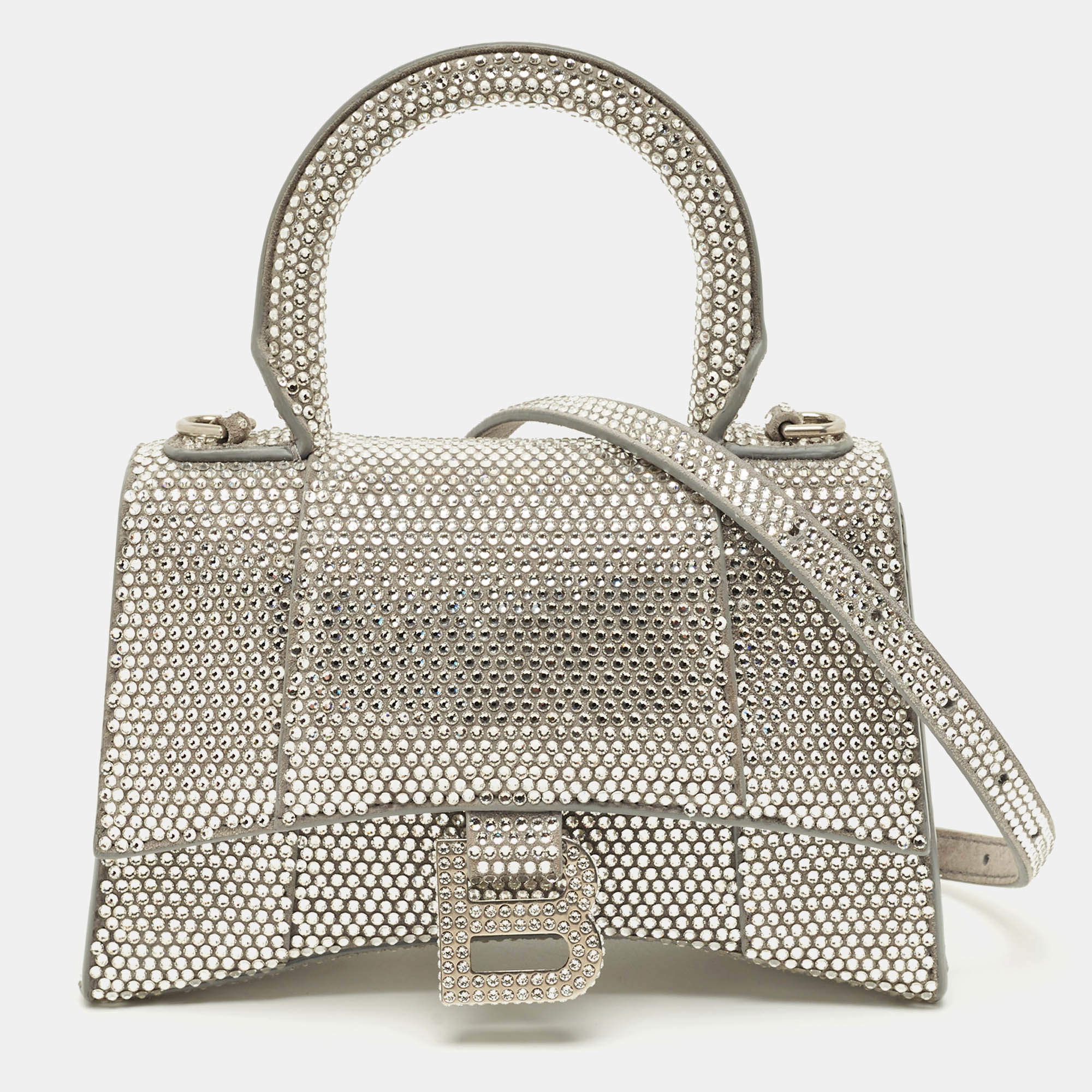 Pre Owned Balenciaga Grey Suede Crystal Embellished XS Hourglass Top Handle Bag