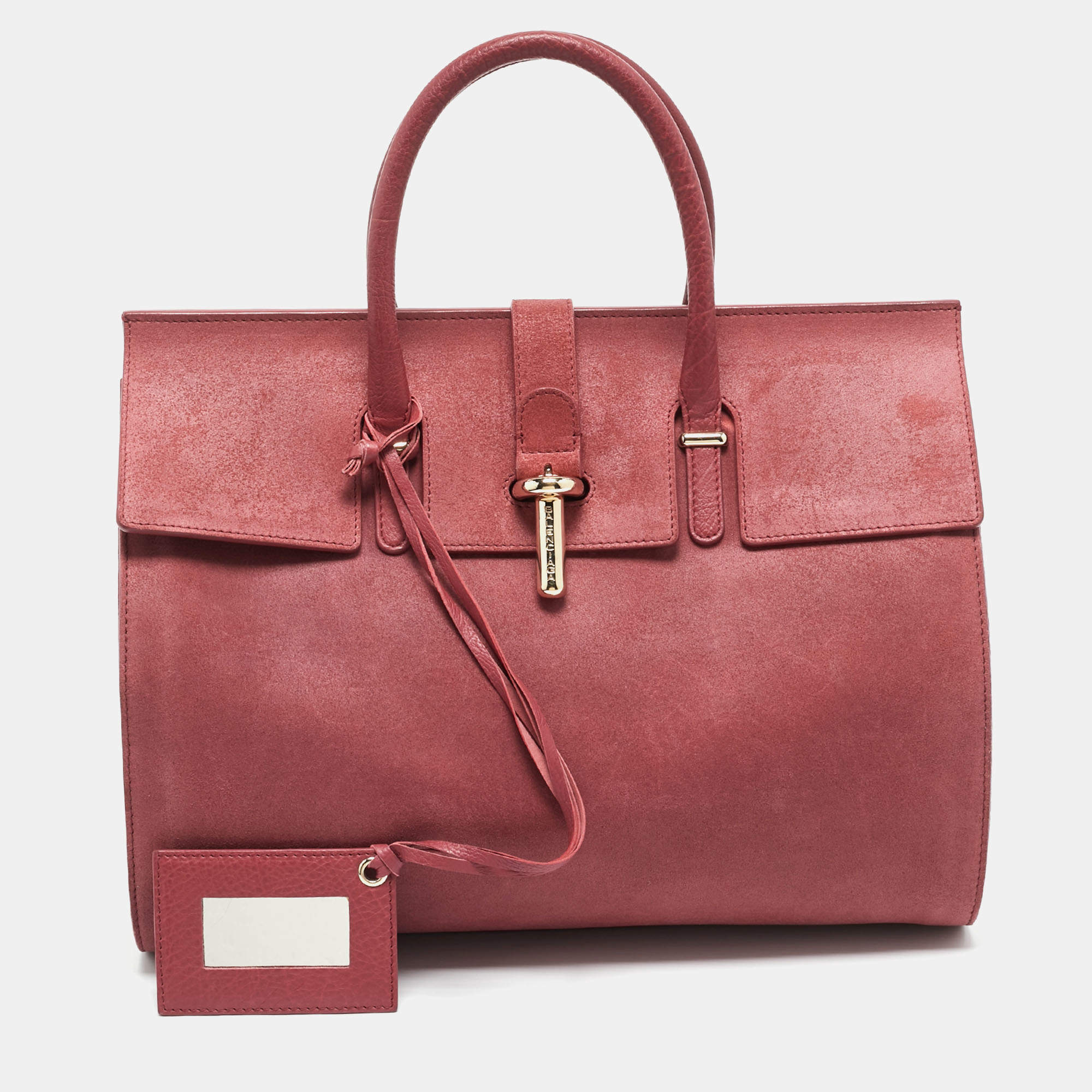 Pre Owned Balenciaga Pink Suede and Leather Tube Clasp Top Handle Bag