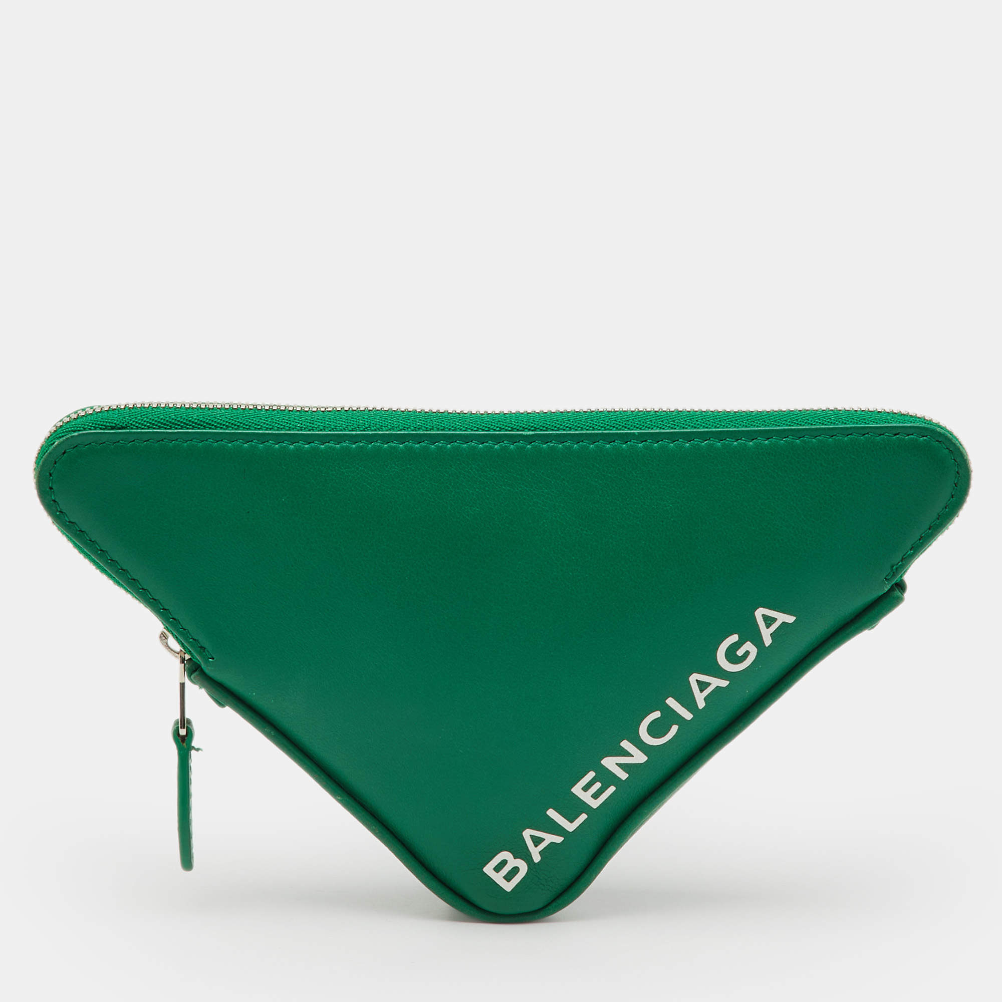 Pre Owned Balenciaga Green Leather Small Triangle Zip Pouch