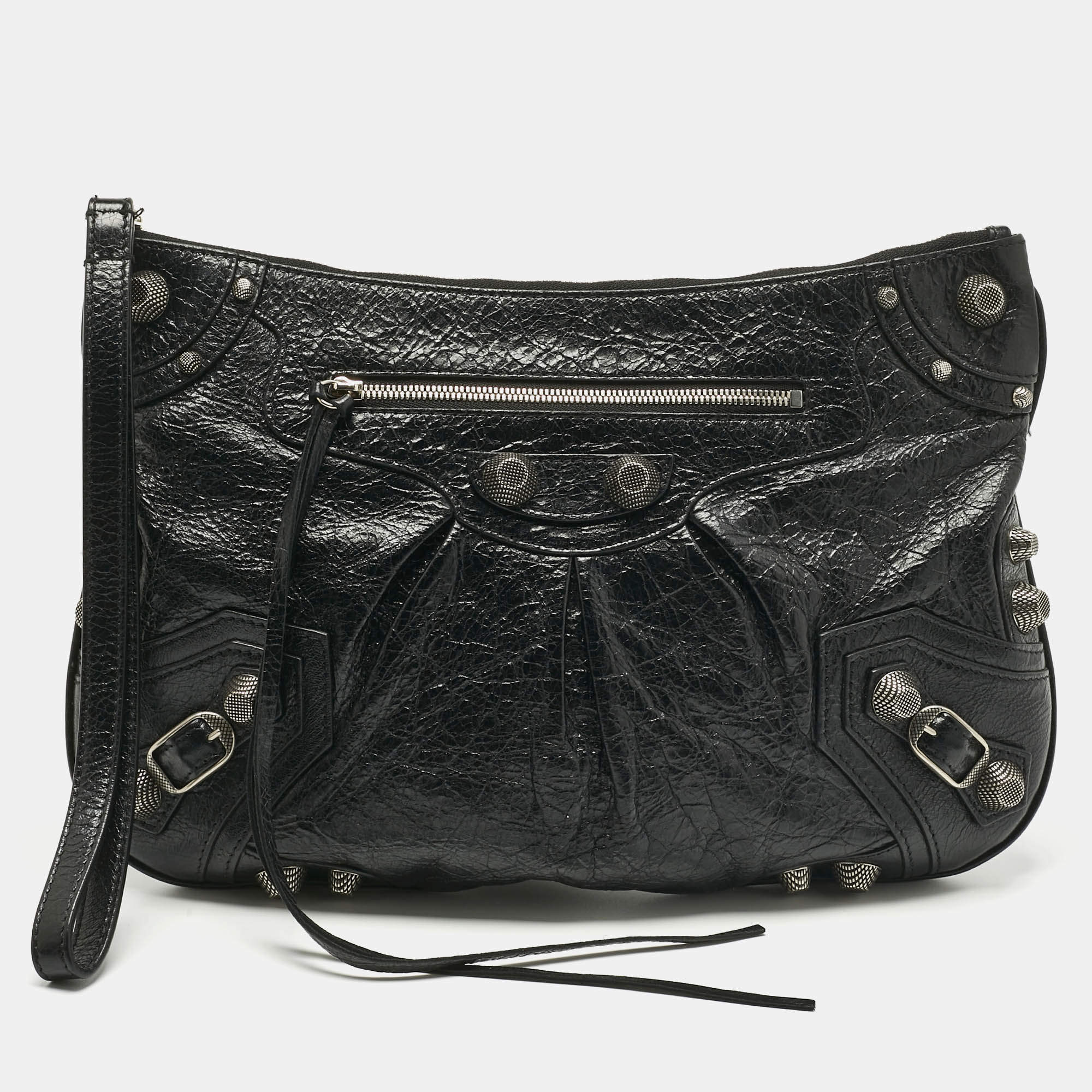 Pre Owned Balenciaga Black Leather Le Cagole Wristlet Pouch