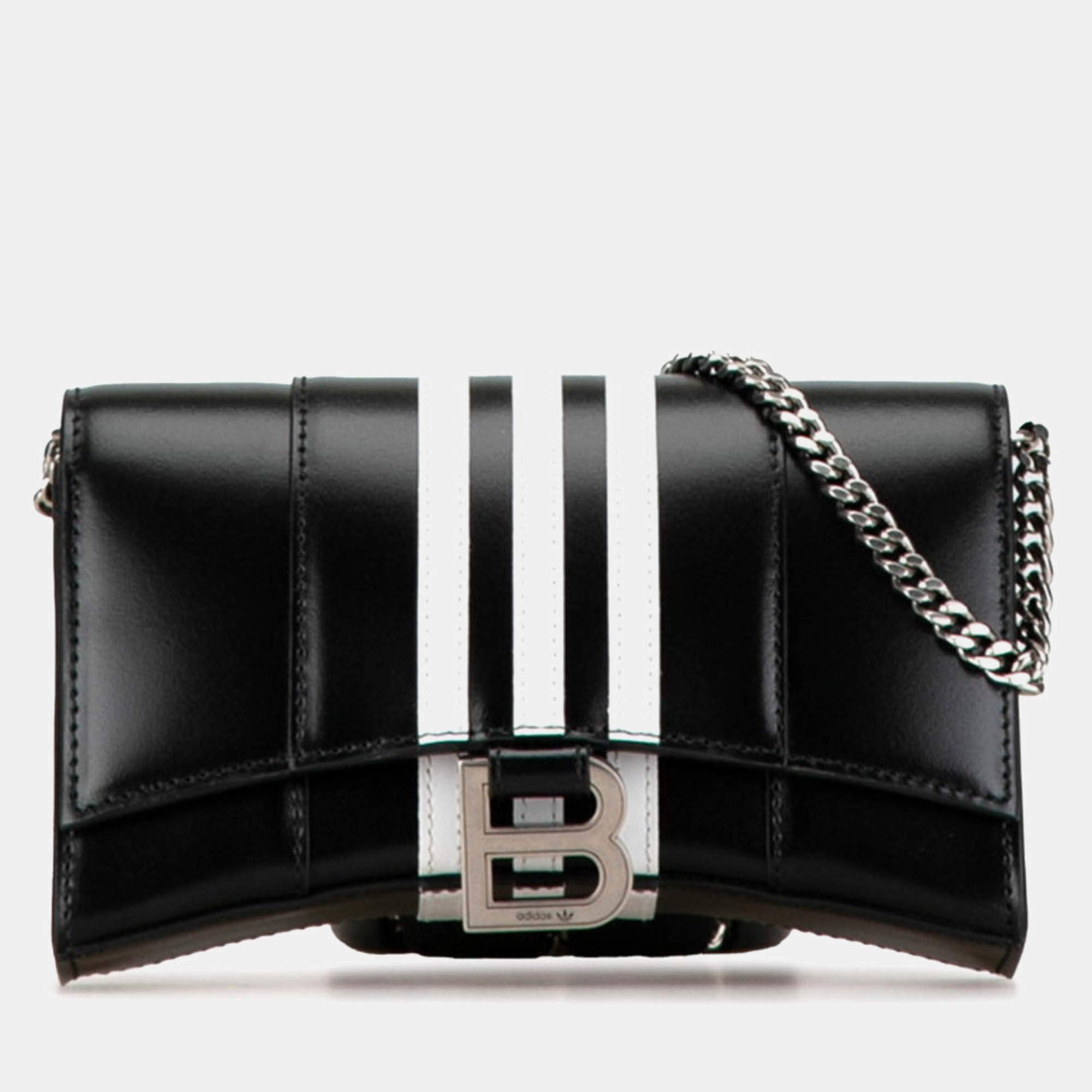Pre Owned Balenciaga X Adidas Hourglass Crossbody Chain Wallet Shoulder Bag Black White Leather