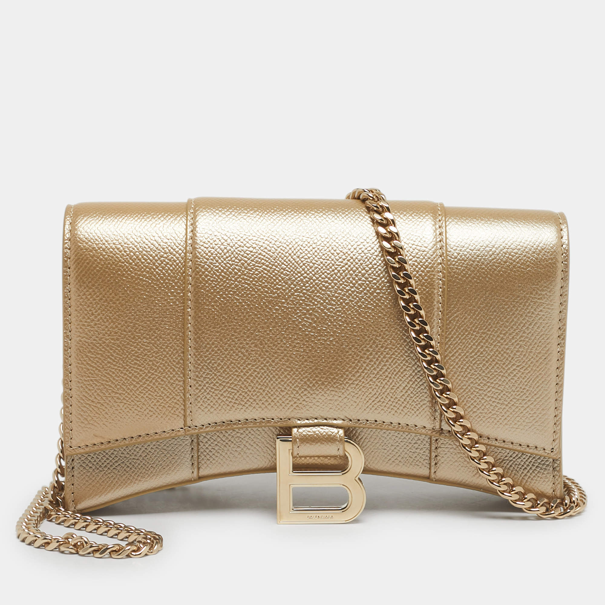Pre Owned Balenciaga Gold Leather Hourglass Wallet on Chain