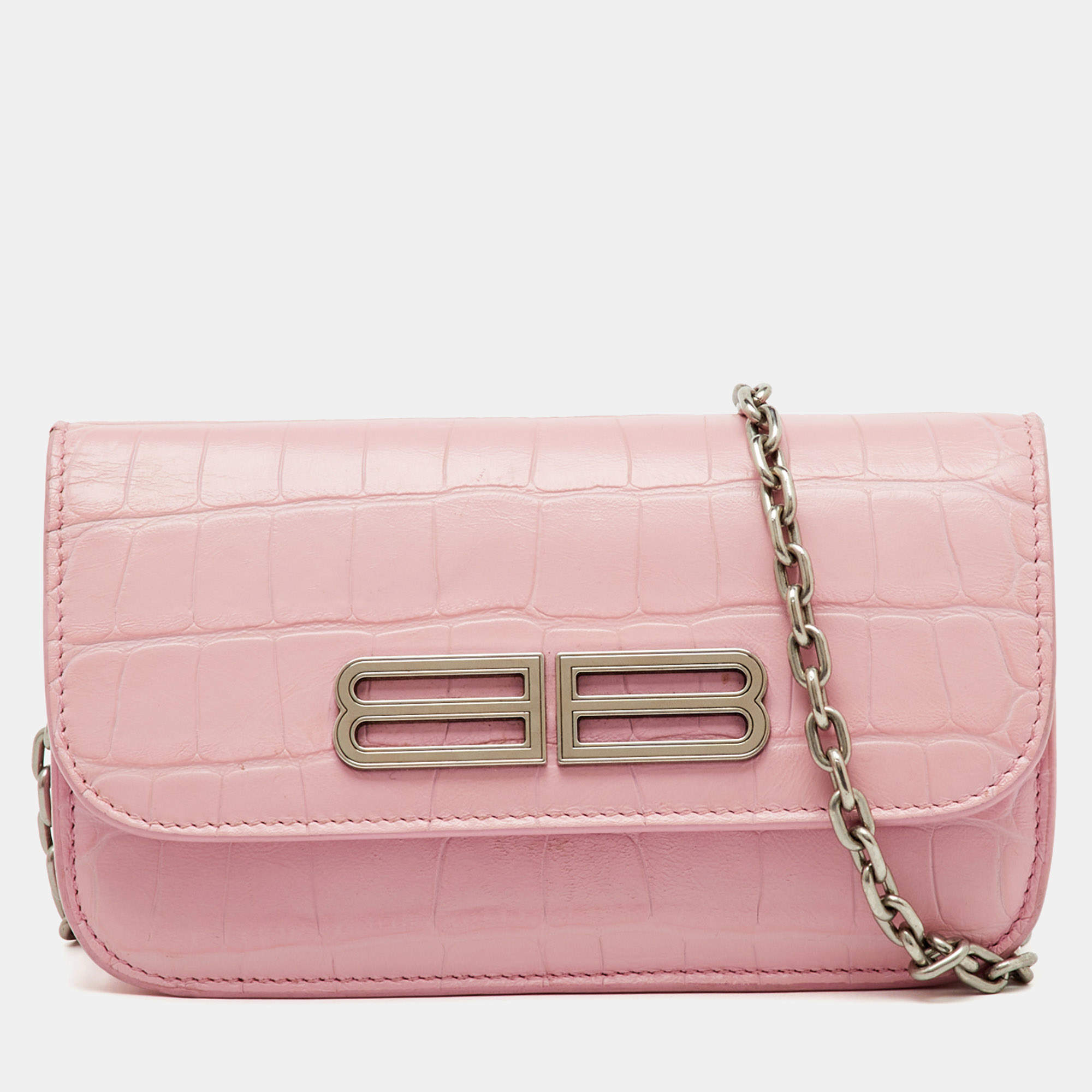 Pre Owned Balenciaga Light Pink Croc Embossed Leather Gossip Wallet on Chain