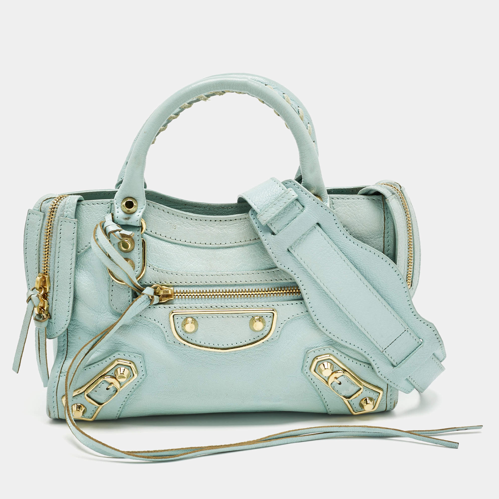 Pre Owned Balenciaga Light Turquoise Leather Mini Metallic Edge Classic City Bag