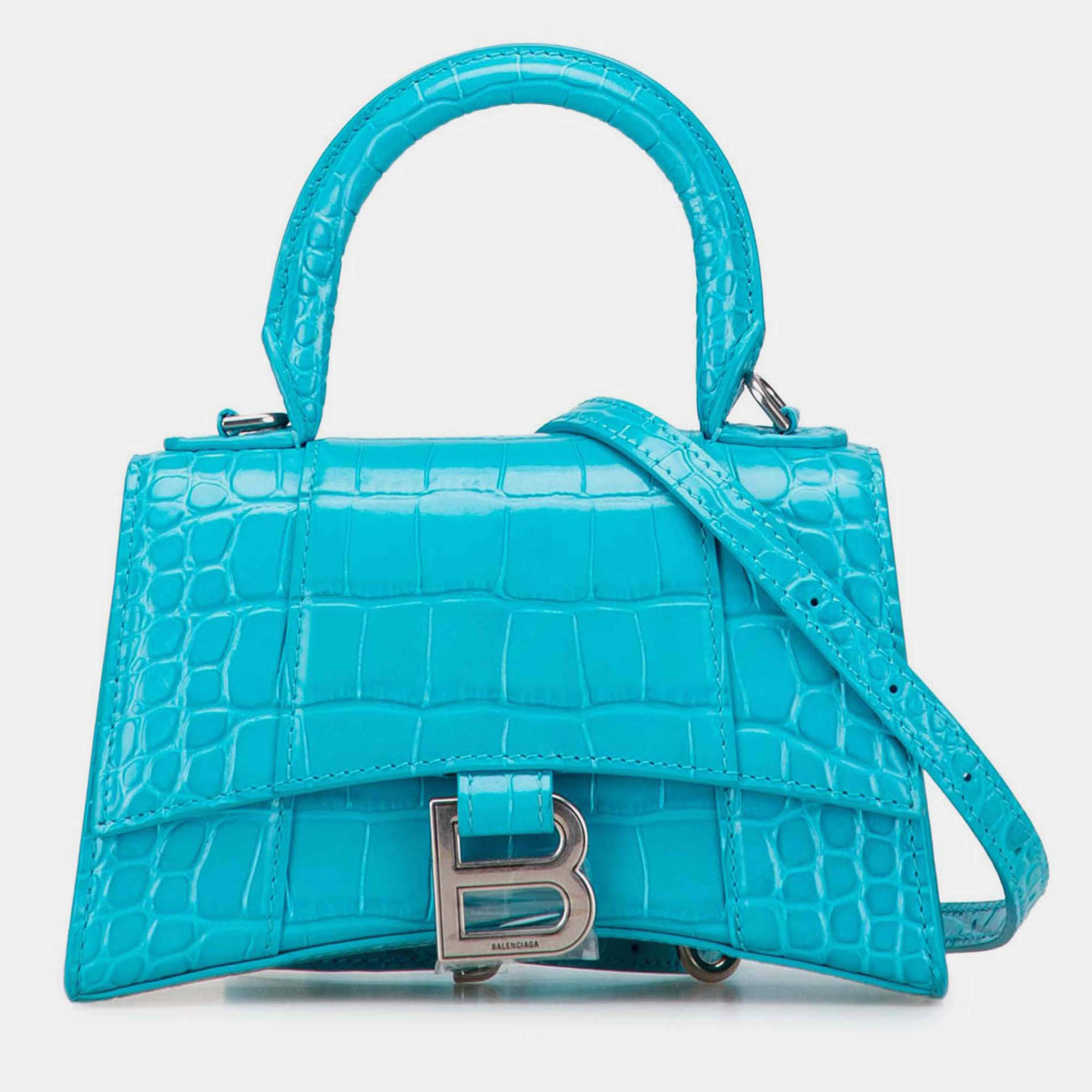 Pre Owned Balenciaga Blue XS Croc Embossed Hourglass Top Handle Bag