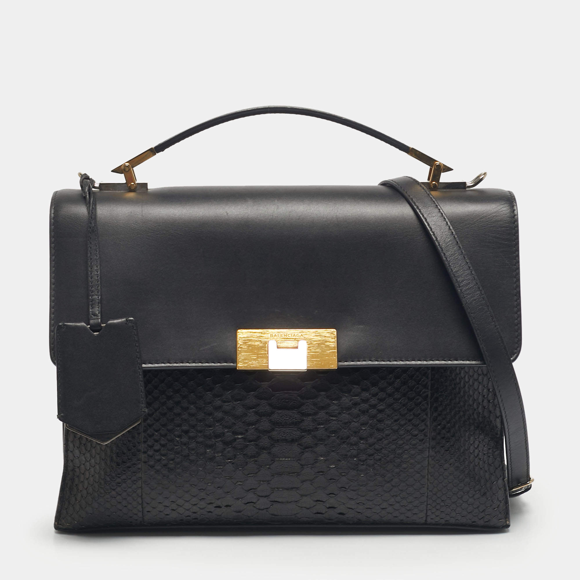 Pre Owned Balenciaga Black Leather and Python Le Dix Cartable Top Handle Bag