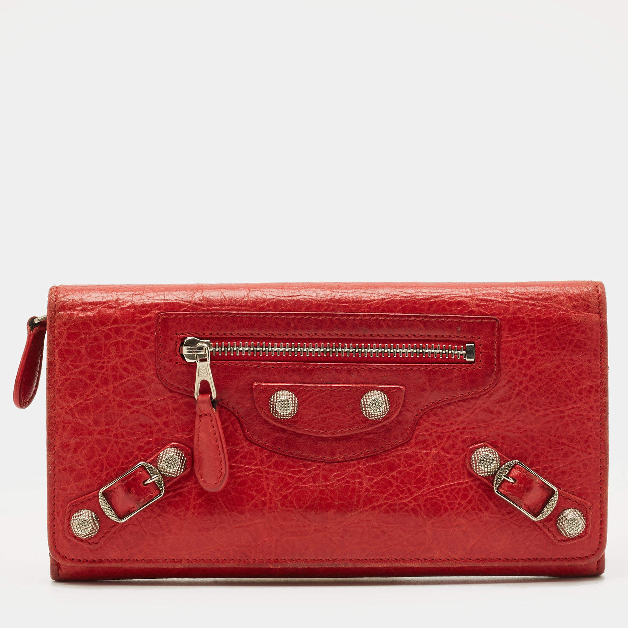 Pre Owned Balenciaga Red Leather City Flap Continental Wallet
