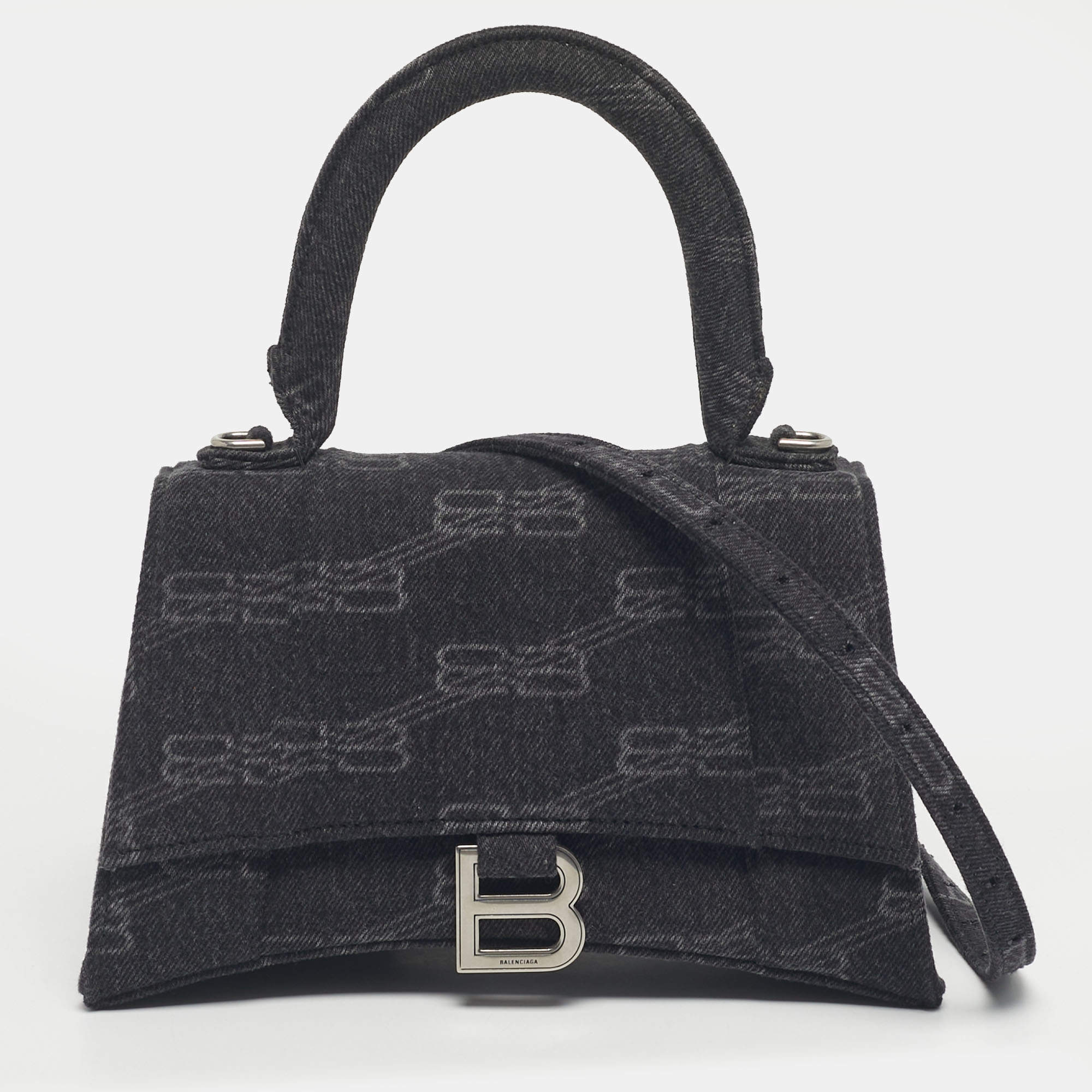 Pre Owned Balenciaga Black BB Monogram Denim Small Hourglass Top Handle Bag