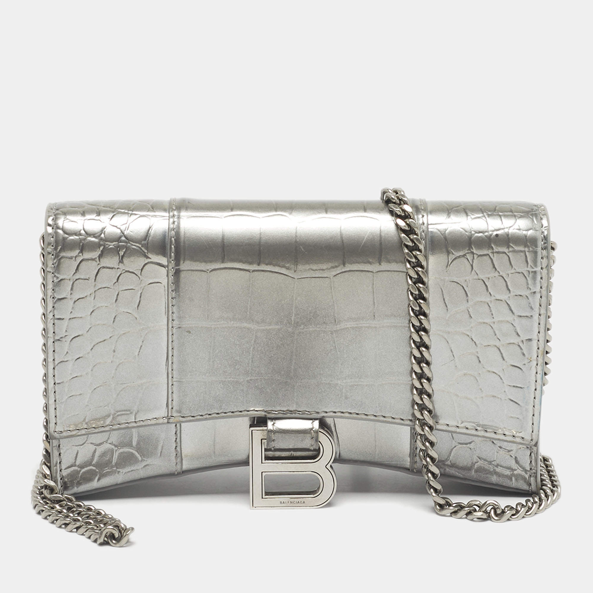 Pre Owned Balenciaga Silver Croc Embossed Patent Leather Hourglass Wallet on Chain