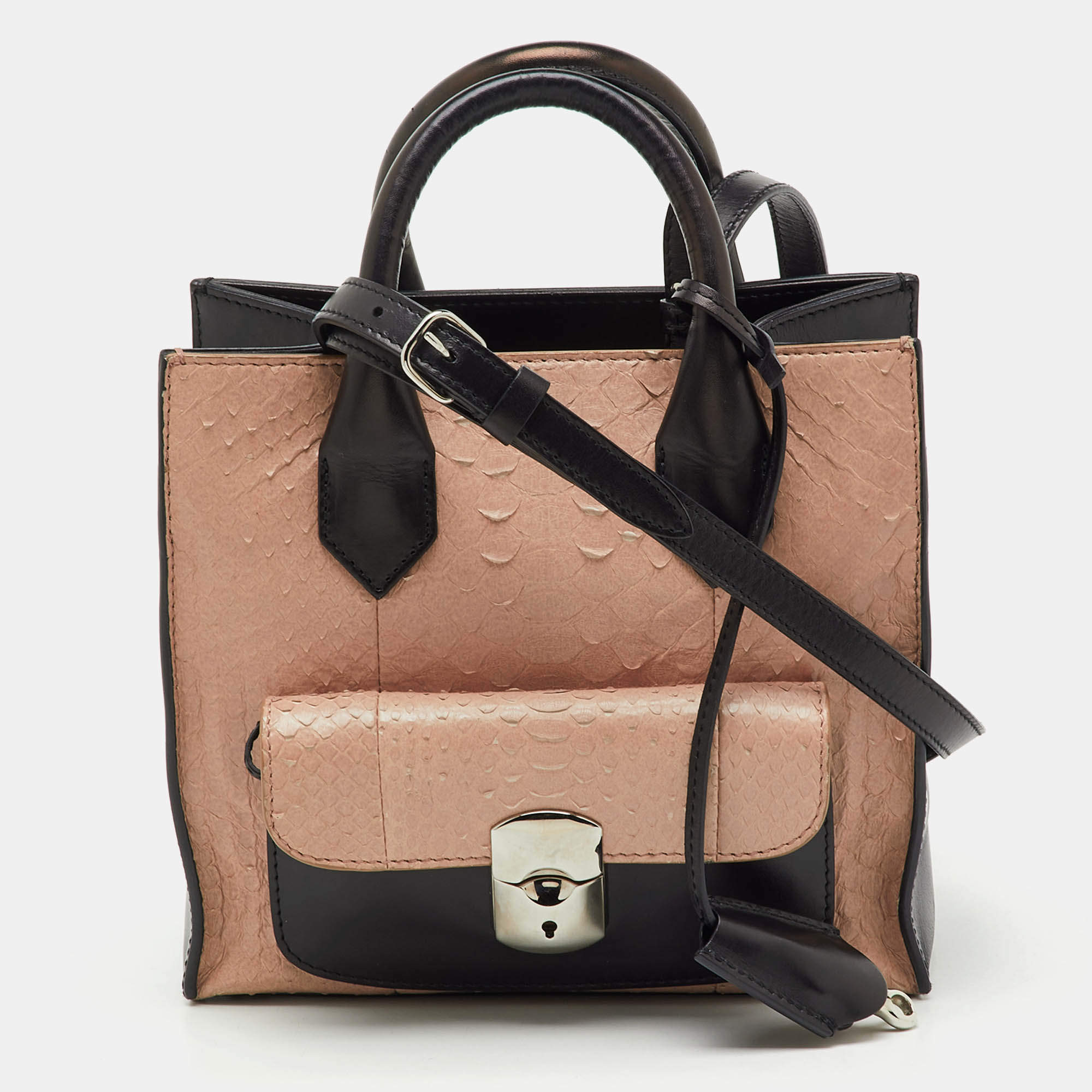 Pre Owned Balenciaga Black/Peach Leather and Python Padlock Mini All Afternoon Tote