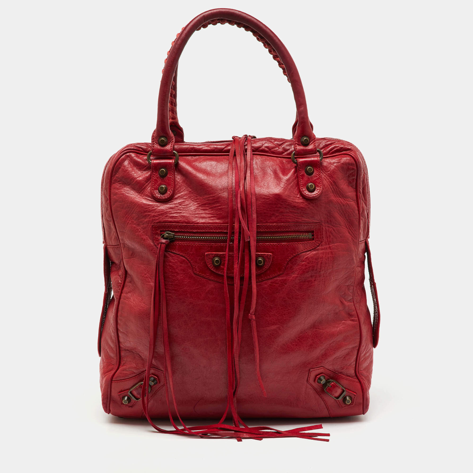 Pre Owned Balenciaga Red Leather Motocross Classic Bowling Bag