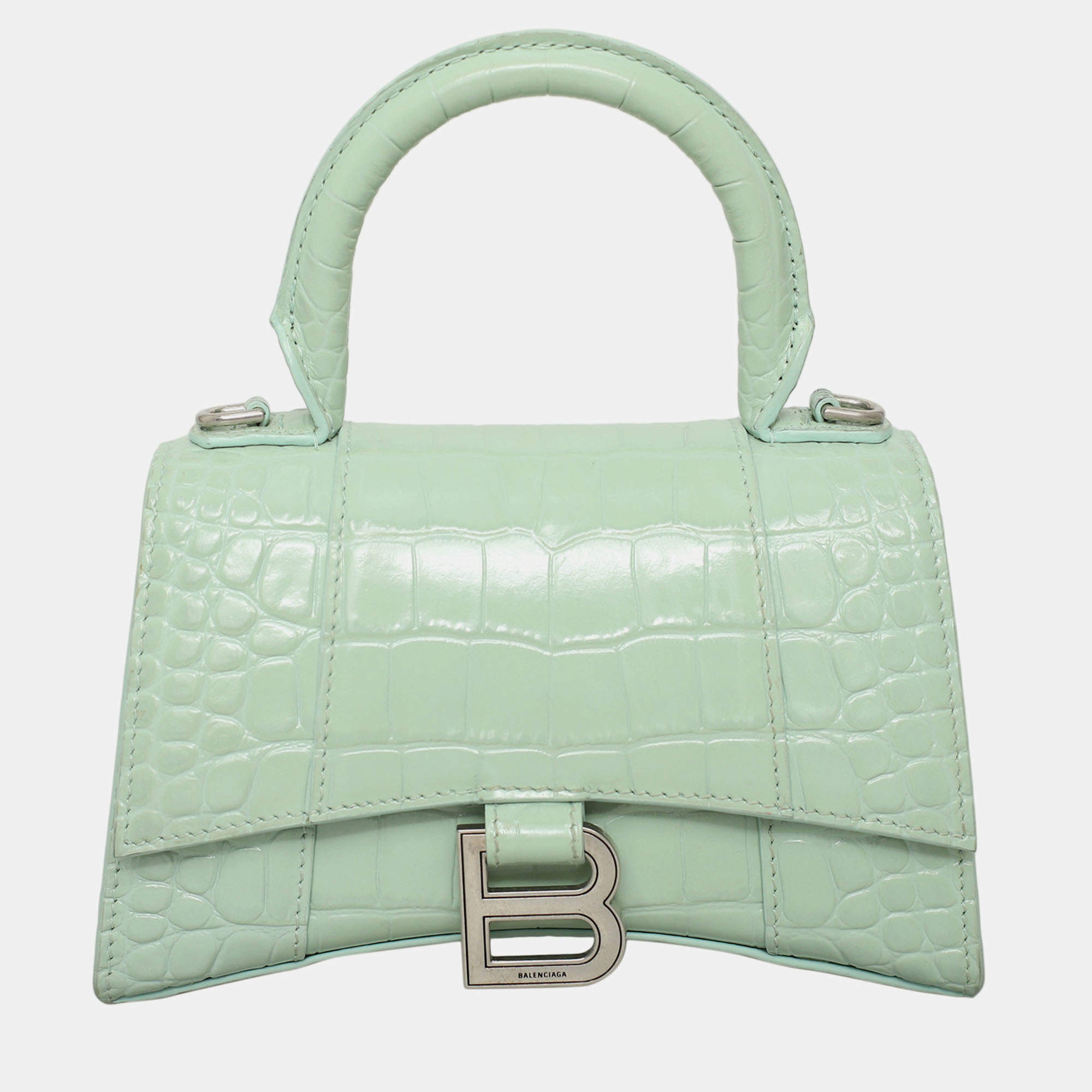 Pre Owned Balenciaga Hourglass XS Croc Embossed Leather Top Handle Bag