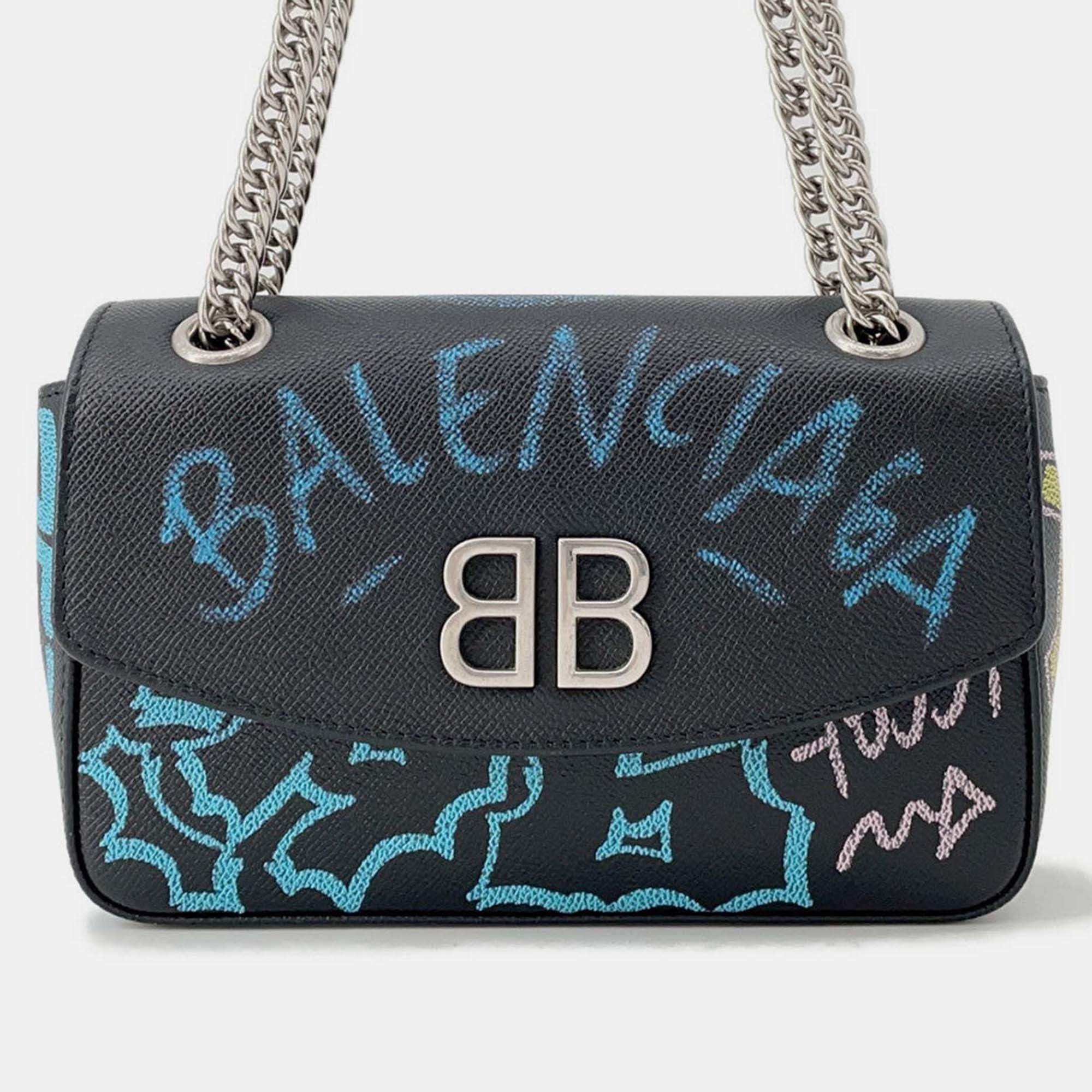 Pre Owned Balenciaga Graffiti Chain shoulder Black/Blue Leather