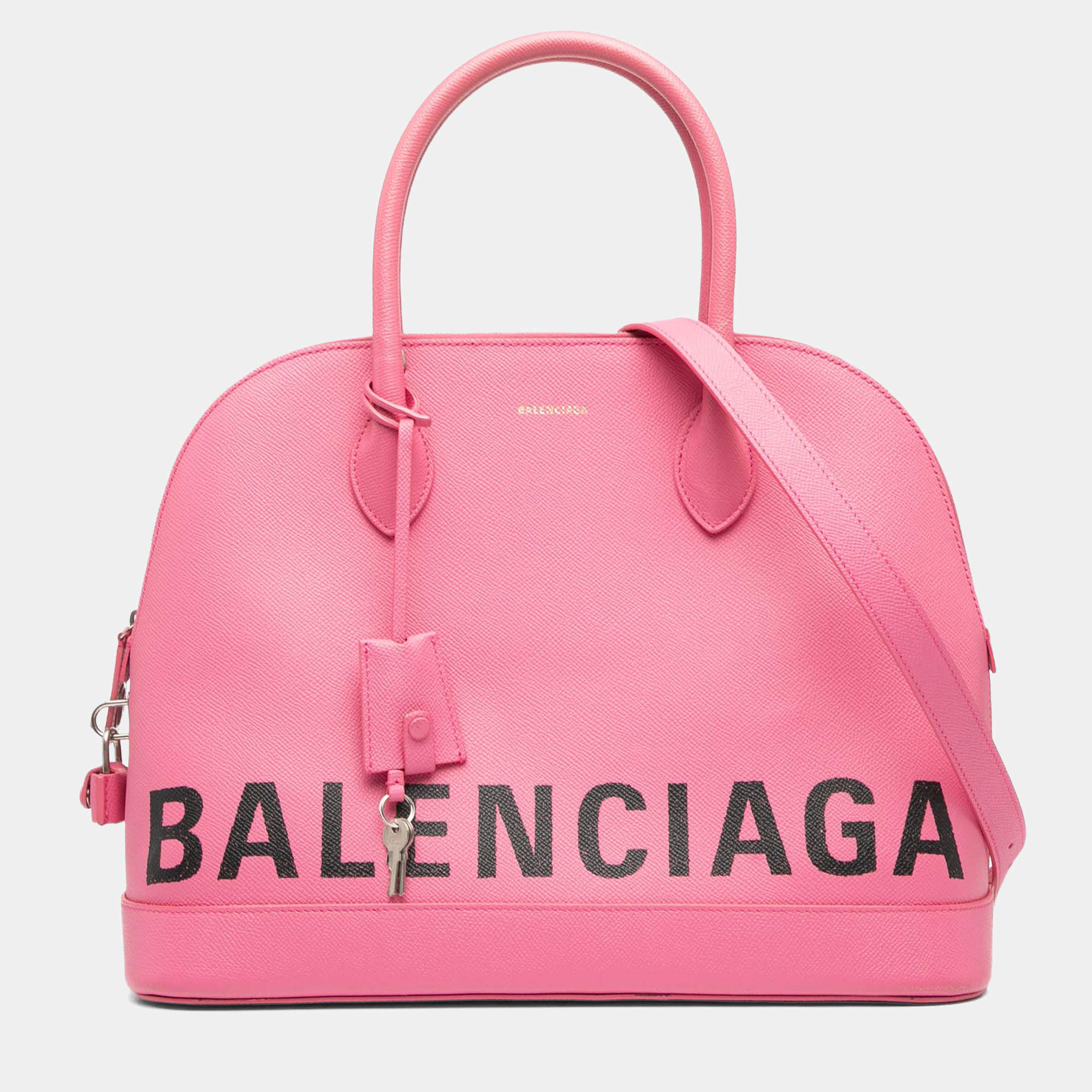 Pre Owned Balenciaga Pink M Grained Calfskin Logo Ville Top Handle Bag