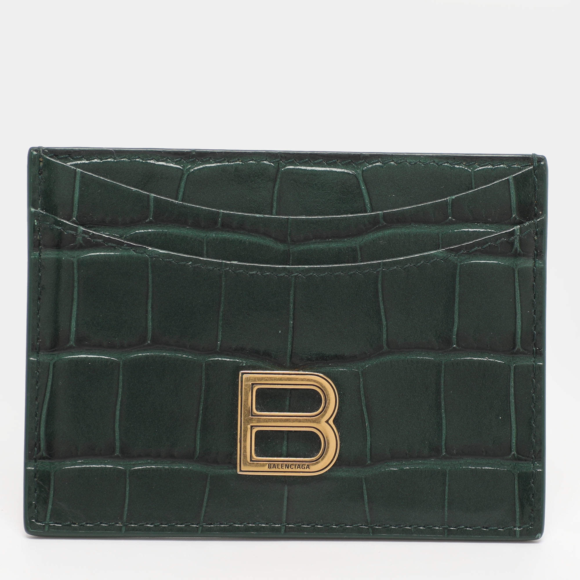 Pre Owned Balenciaga Green Croc Embossed Leather Hourglass Card Holder