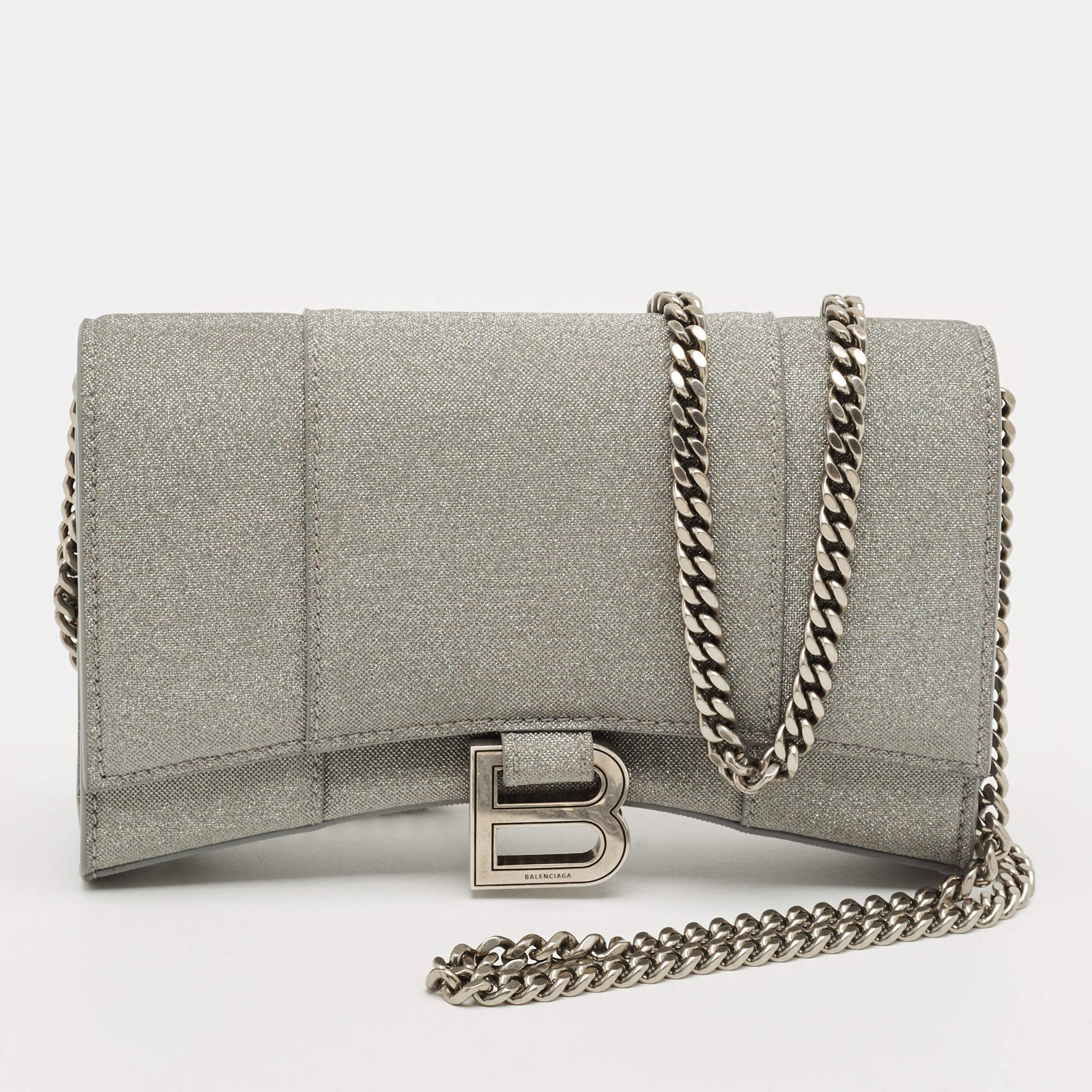 Pre Owned Balenciaga Grey Glitter Leather Hourglass Wallet on Chain