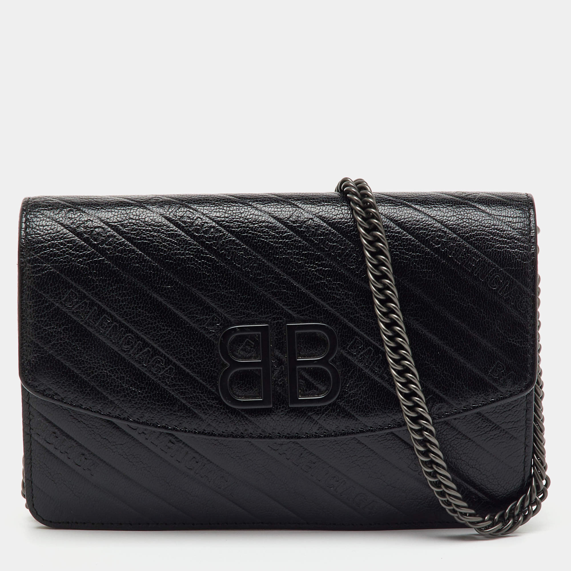Pre Owned Balenciaga Black Leather BB Wallet on Chain