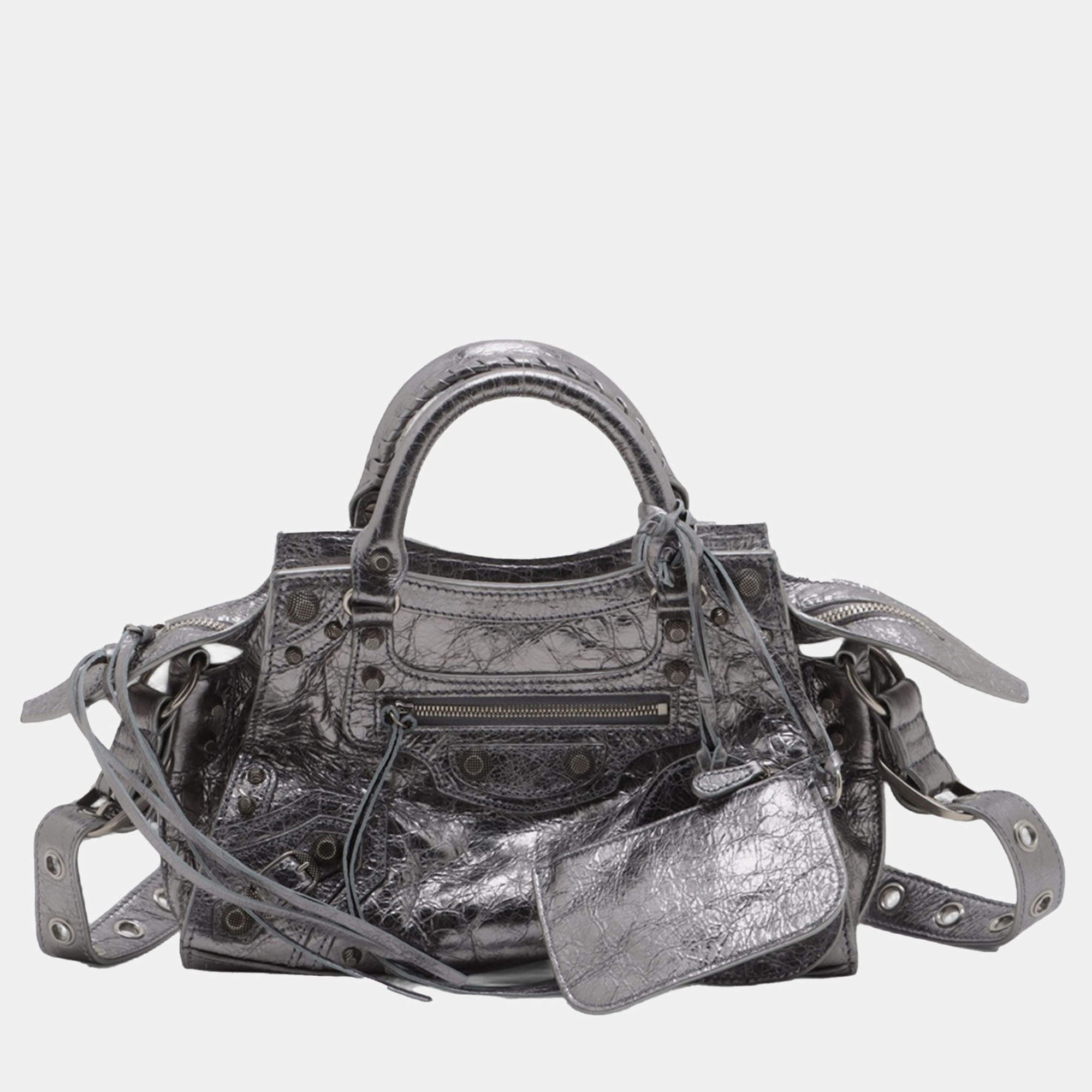 Pre Owned Balenciaga Silver XS Metallic Lambskin Motocross Neo Cagole