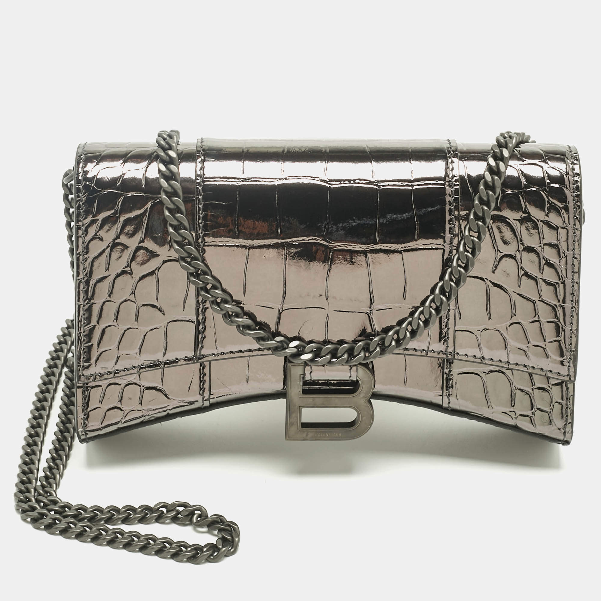 Pre Owned Balenciaga Metallic Grey Croc Embossed Patent Leather Hourglass Wallet on Chain