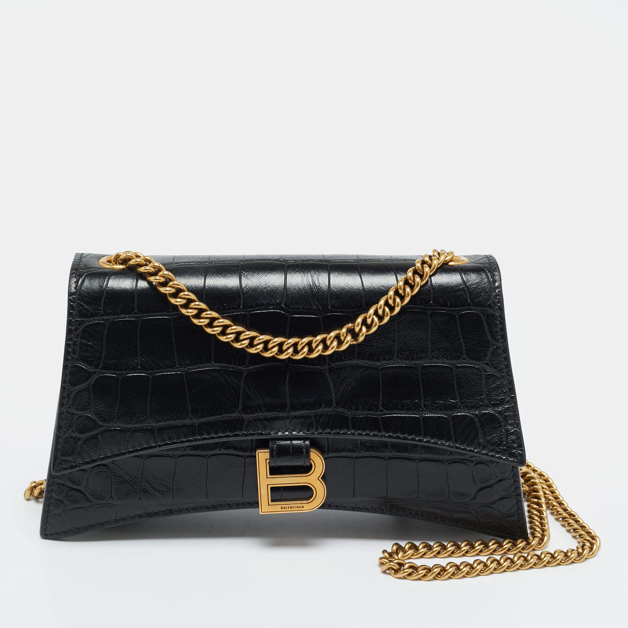 Pre Owned Balenciaga Black Croc Embossed Leather Small Hourglass Top Handle Bag