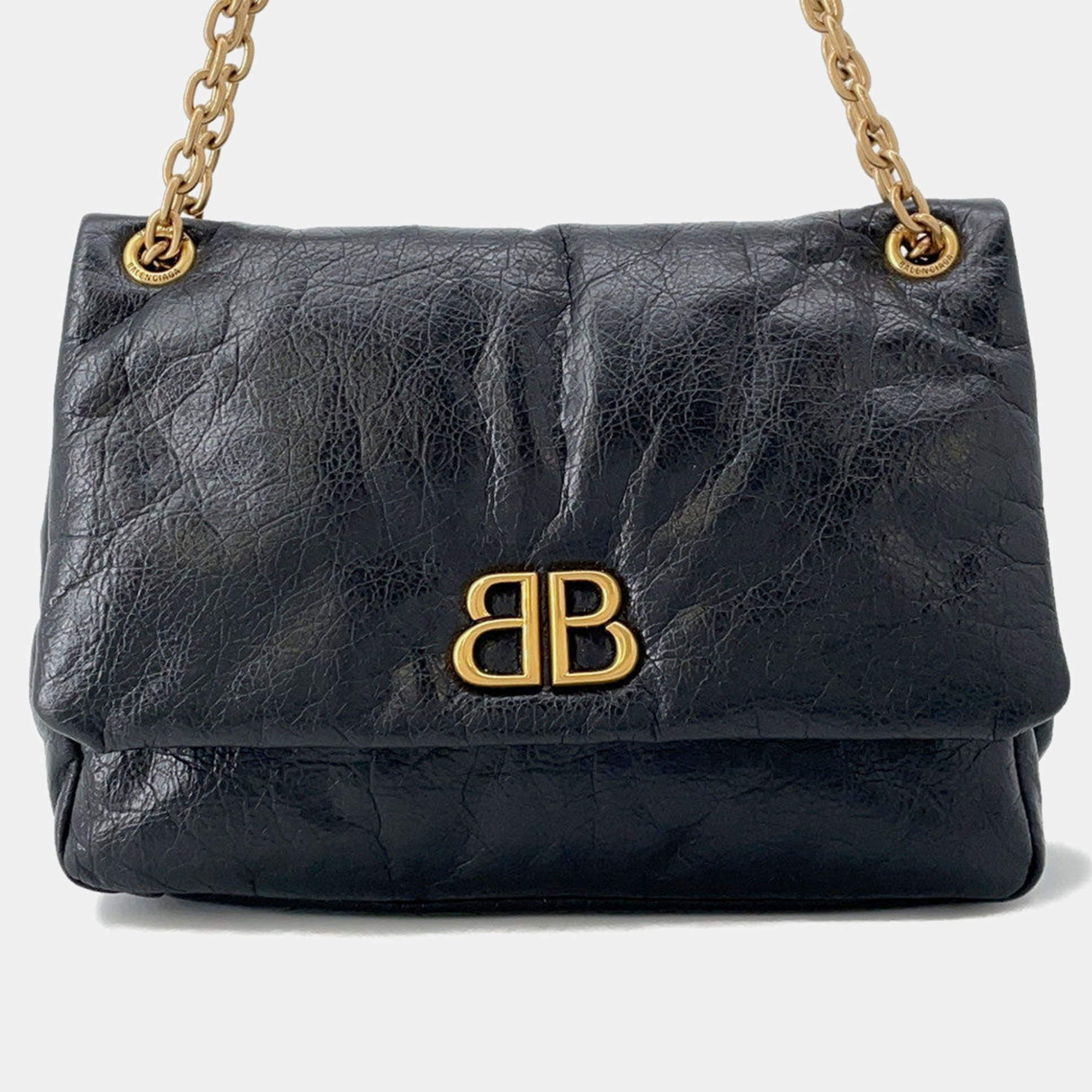 Pre Owned Balenciaga Monaco Chain shoulder Black Leather