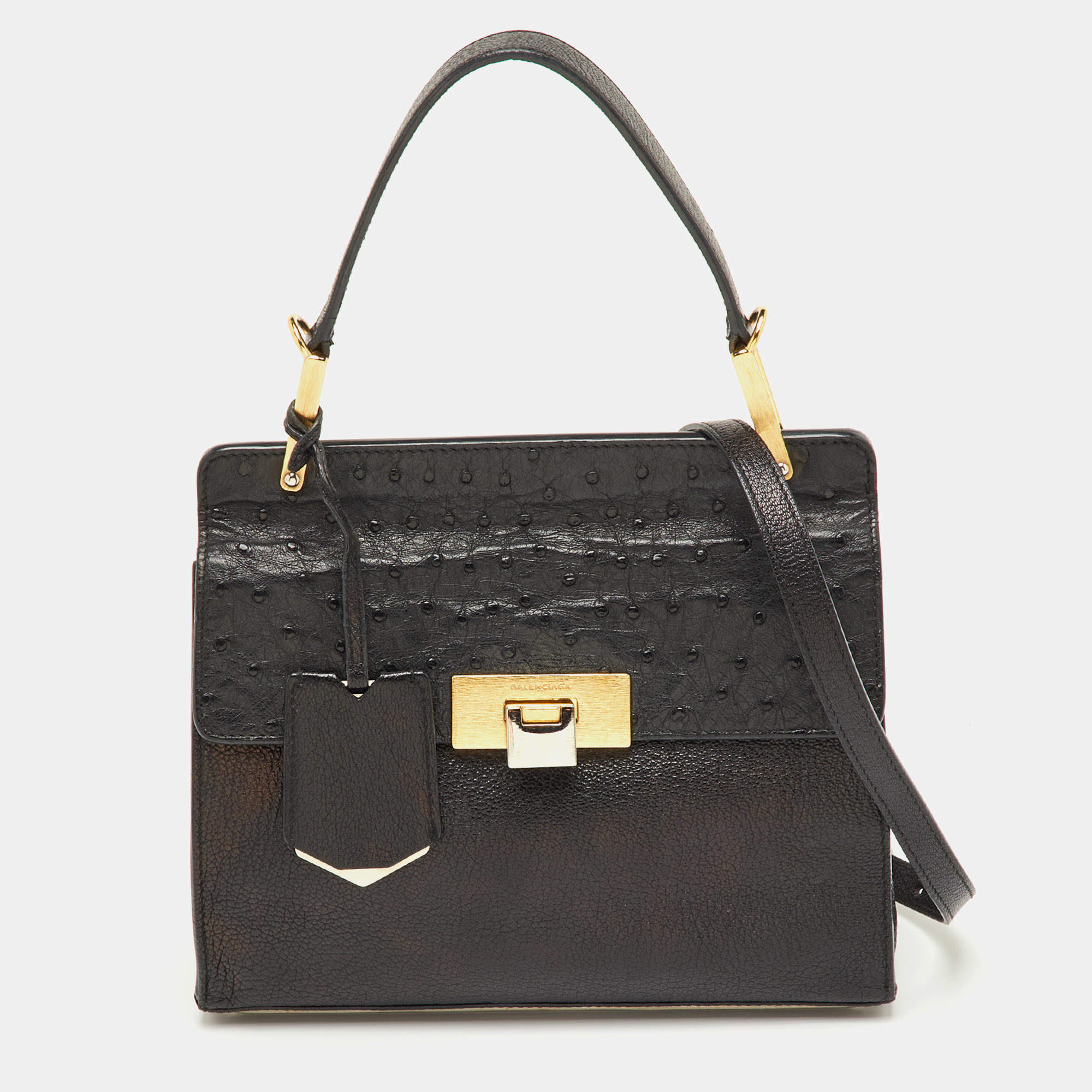 Pre Owned Balenciaga Black Leather and Ostrich Le Dix Cartable Top Handle Bag