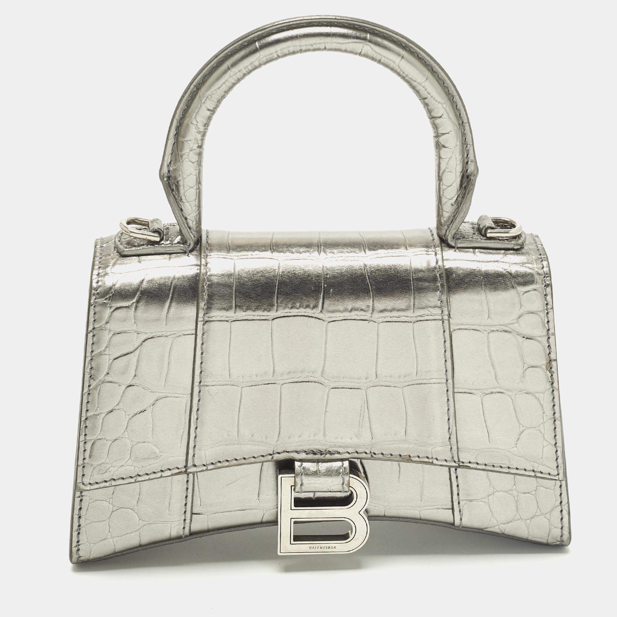 مملوكة مسبقًا Balenciaga  Hourglass XS Metallic Grey Croc Embossed Leather XS Top Handle Bag