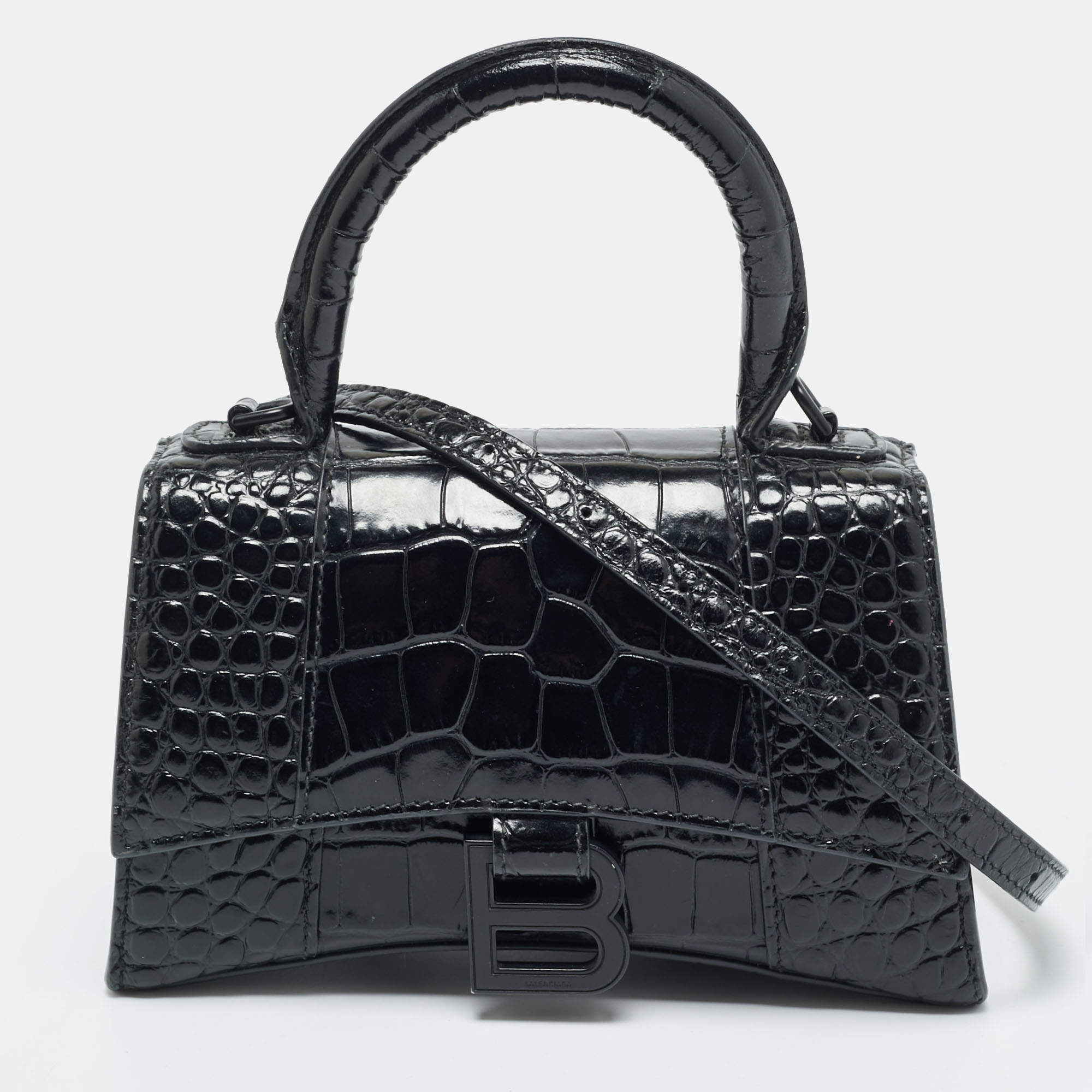 مملوكة مسبقًا Balenciaga Hourglass XS Black Croc Embossed Leather Top Handle Bag