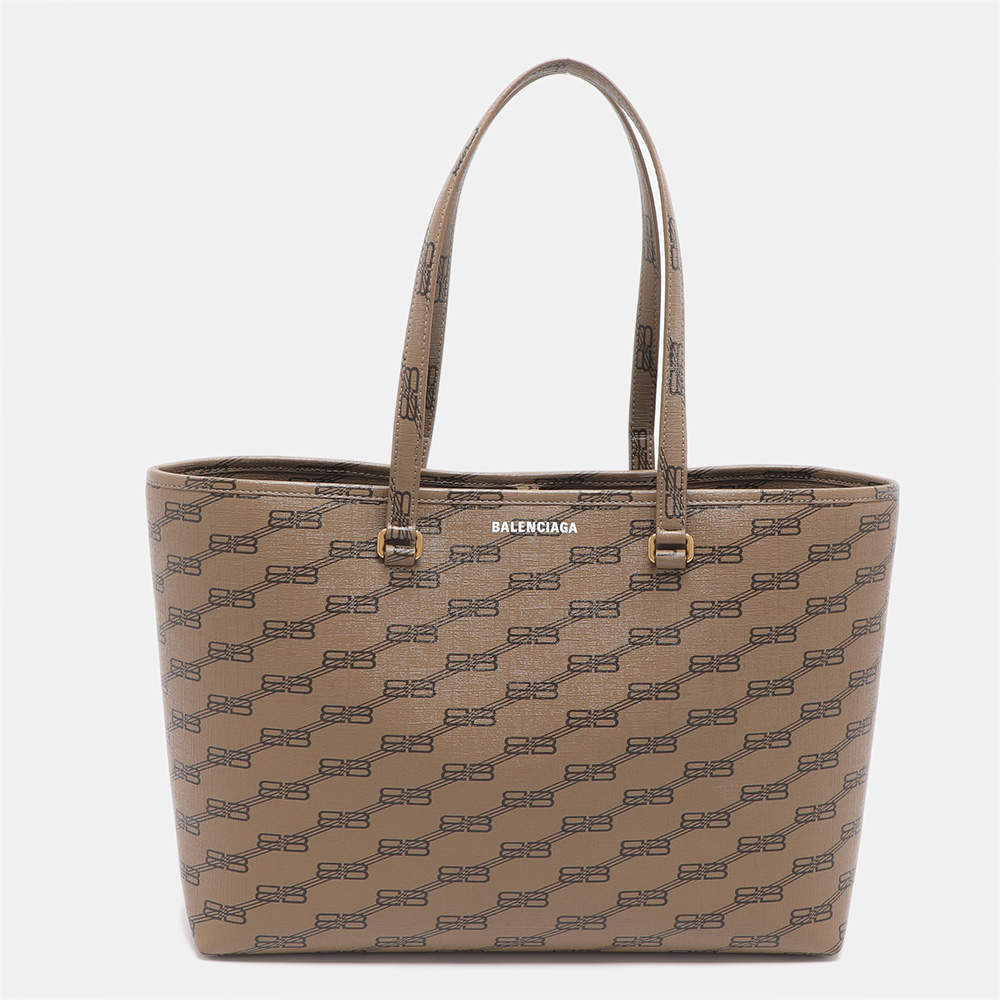 Pre Owned Balenciaga BB Medium Beige/Brown Monogram Coated Canvas Tote