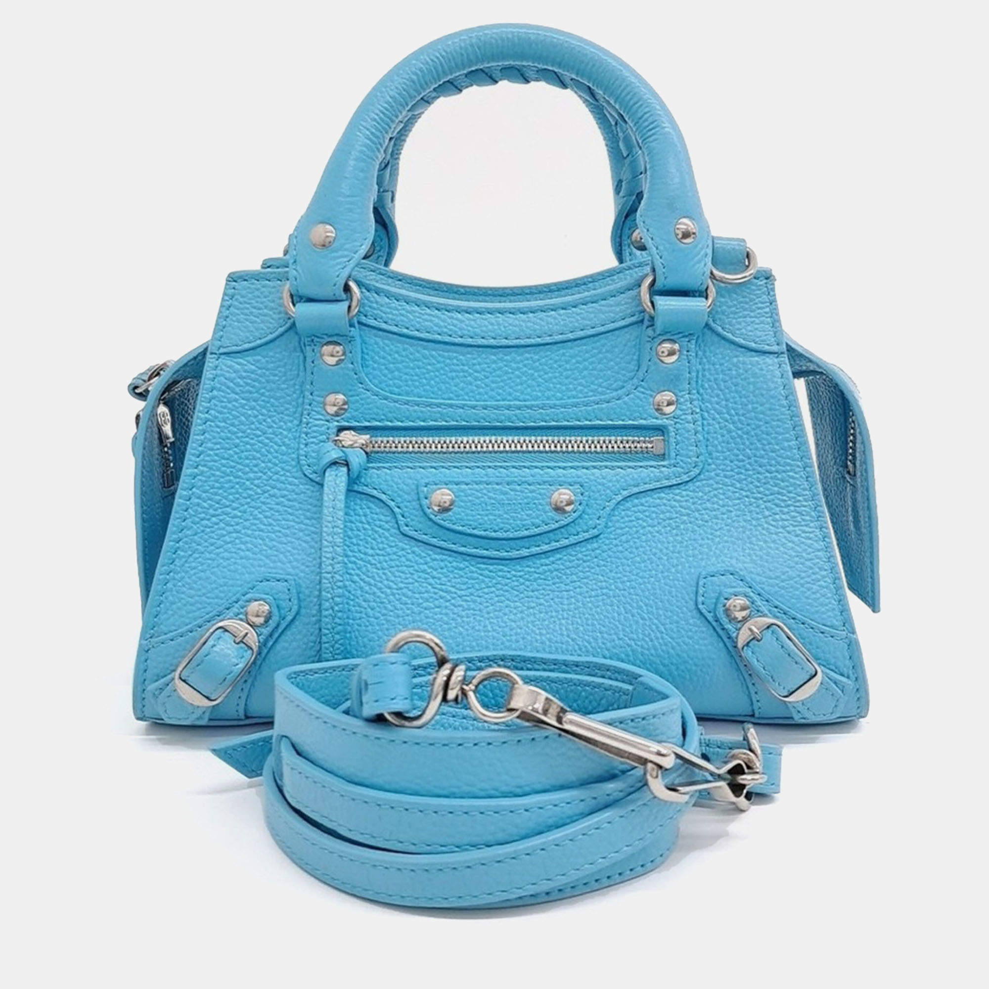 Pre Owned Balenciaga Sky Blue Leather Neo Classic Mini Top Handle Bag