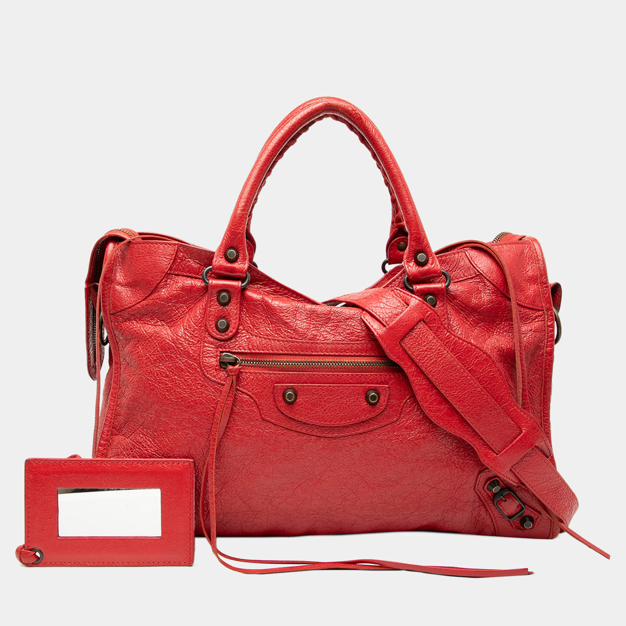 Pre Owned Balenciaga Red Lambskin Motocross Classic City Satchel